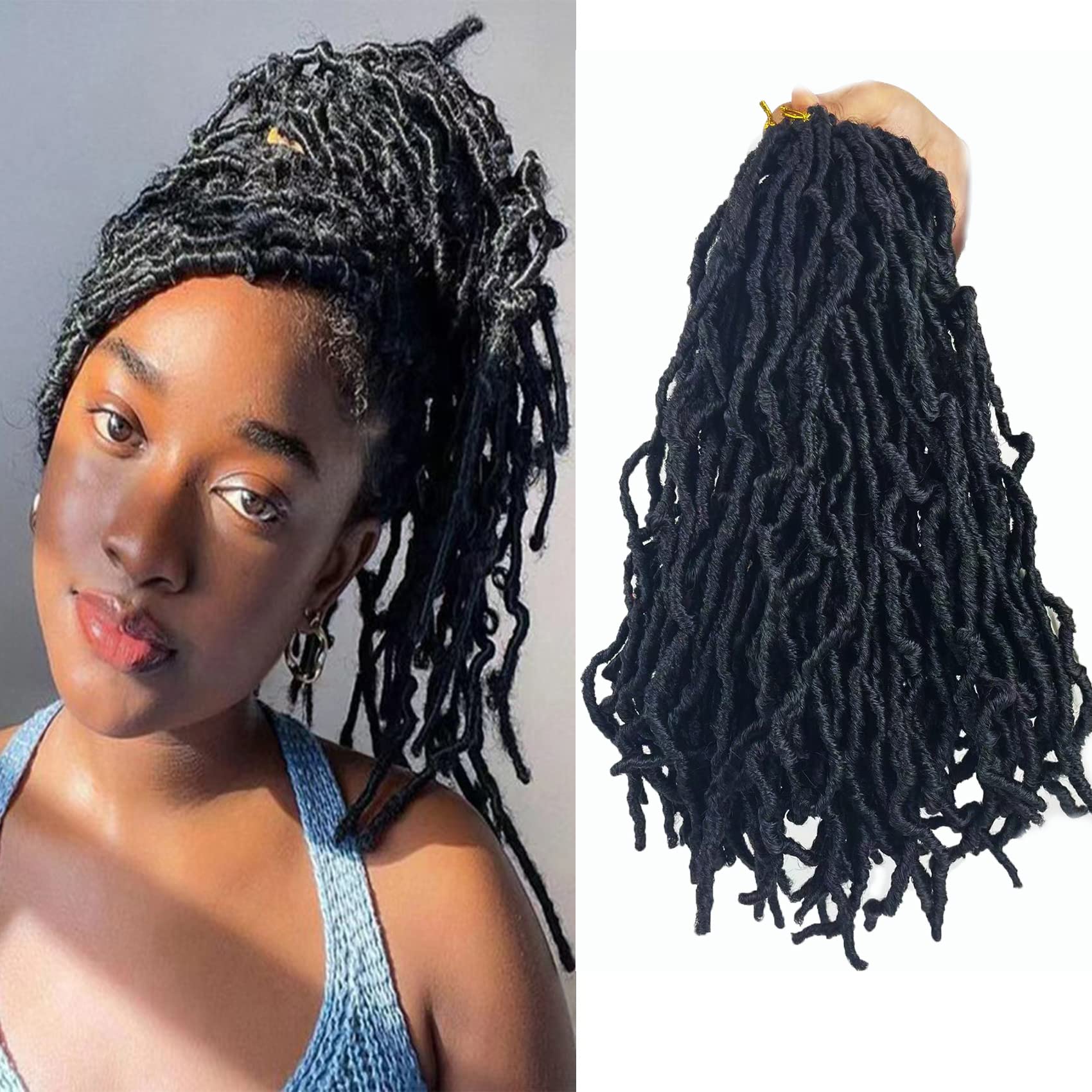 ParaglameShort Faux Locs Crochet Hair 14 Inch Soft Locs 8 Packs Natural Black Pre-Looped New Soft Faux Locs Curly Hair Extension, Goddess Locs for Women (8 Packs, 1B#)