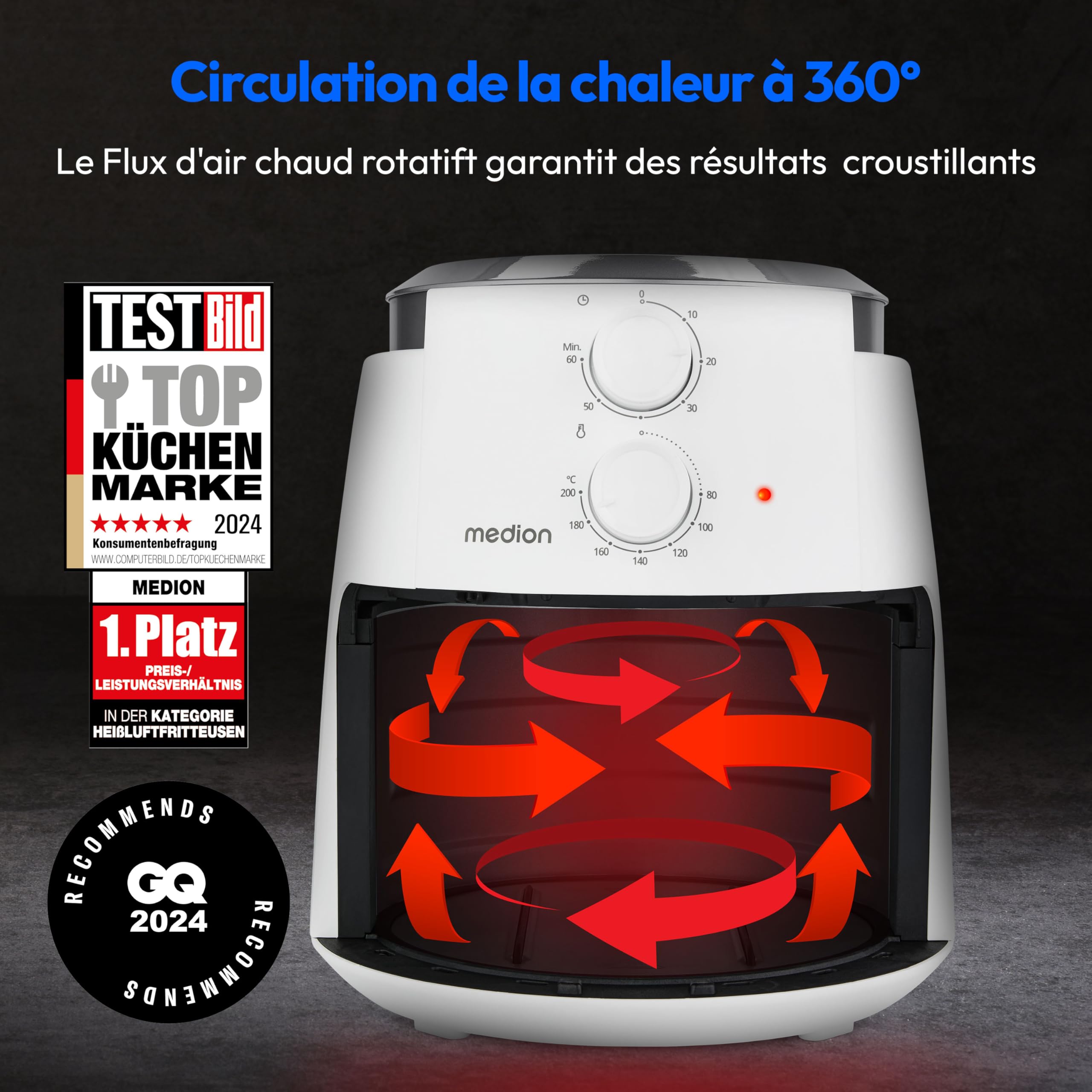 MEDION Air Fryer P30 L (4,7 L, 1500 W, petit et facile à utiliser avec les boutons rotatifs, minuteur de 60 min, jusqu'à 200°C) noir