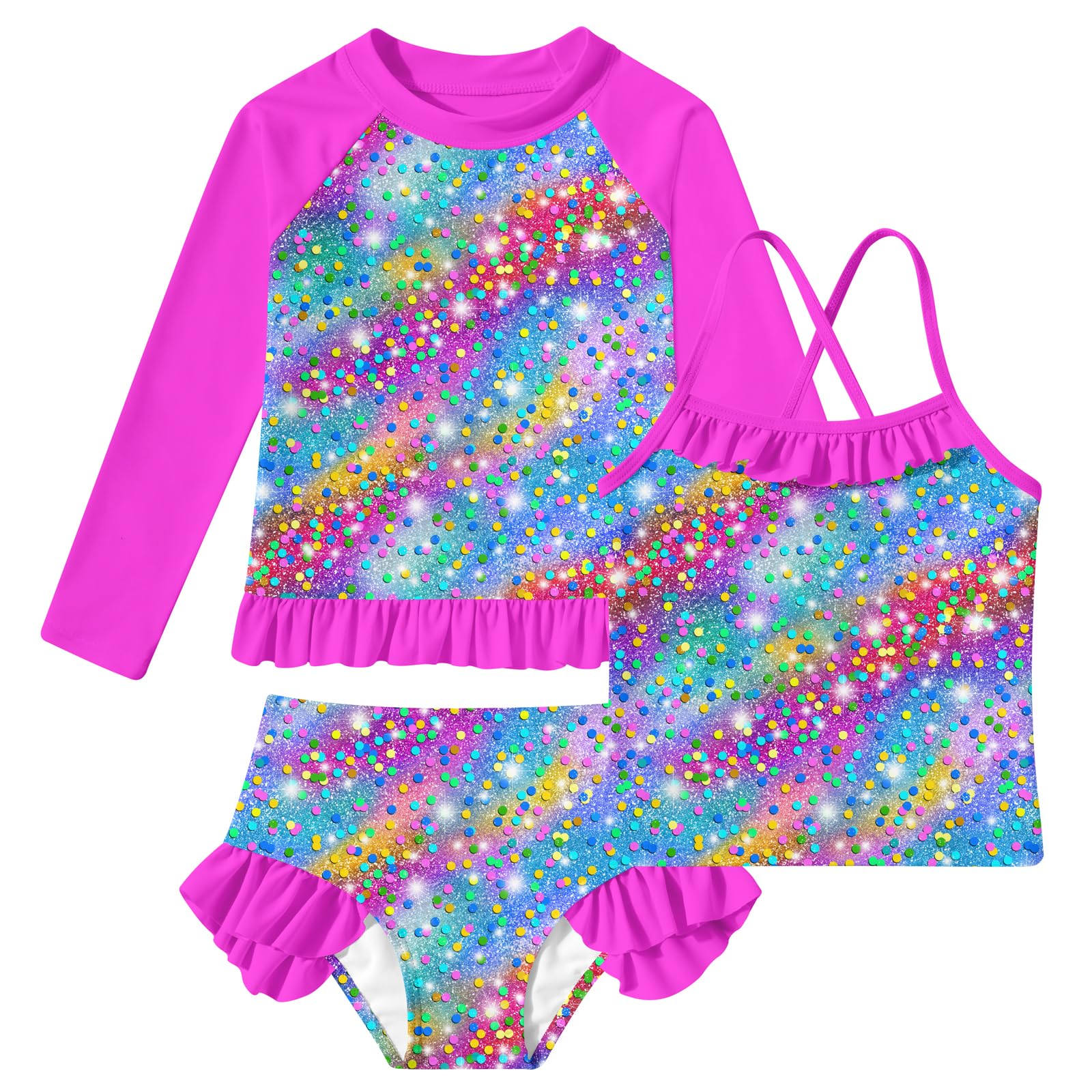 BFUSTYLE Girls Swimsuit 3 Pieces Rash Guard Kids Bathing Suit 3-8 Years | Funny Sun Protection Quick Dry Summer Beach Long Sleeves Swimwear Tankini Set