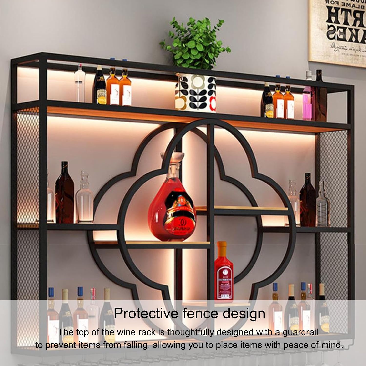 Wall Wine Rack Bar Shelves Wall Mounted Liquor Bottle Display Shelf with LED Light Wine Glass Rack for Liquor Bottles Kitchen Wall Shelf for Home Bar Dining Room Kitchen Restaurant(Black,100cm(39.37in
