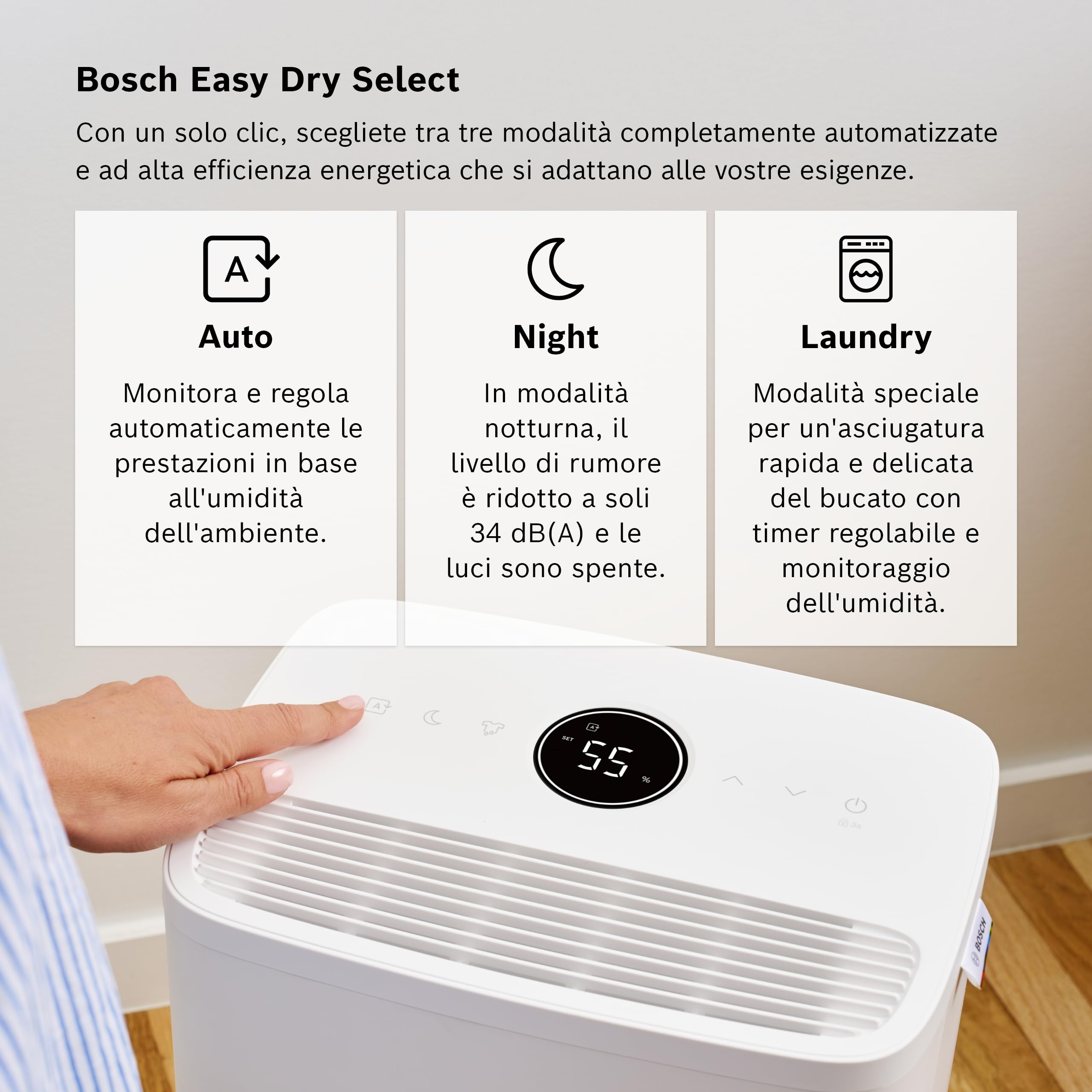 Bosch Dry 1000 - Deumidificatore - Facile. Efficiente. Tranquillo. Per la tua casa e la tua camera da letto - Per Stanze fino a 17 m² - Asciugatura rapida per il tuo bucato