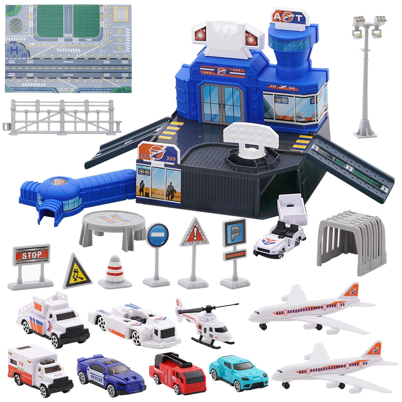 Garage Macchine Per Bambini con Elicottero, Auto, Tappetino da Gioco, Parcheggio per Bambini, Garage Per Auto, Giocattoli educativi per bambini Da 3 Anni
