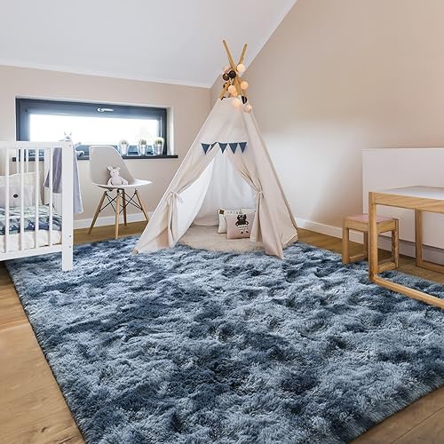 Miniatura 4 de Hutha Alfombras grandes de área de 4 x 6 pies para sala de estar, alfombra moderna súper suave y esponjosa, alfombra de interior teñida azul y gris,
