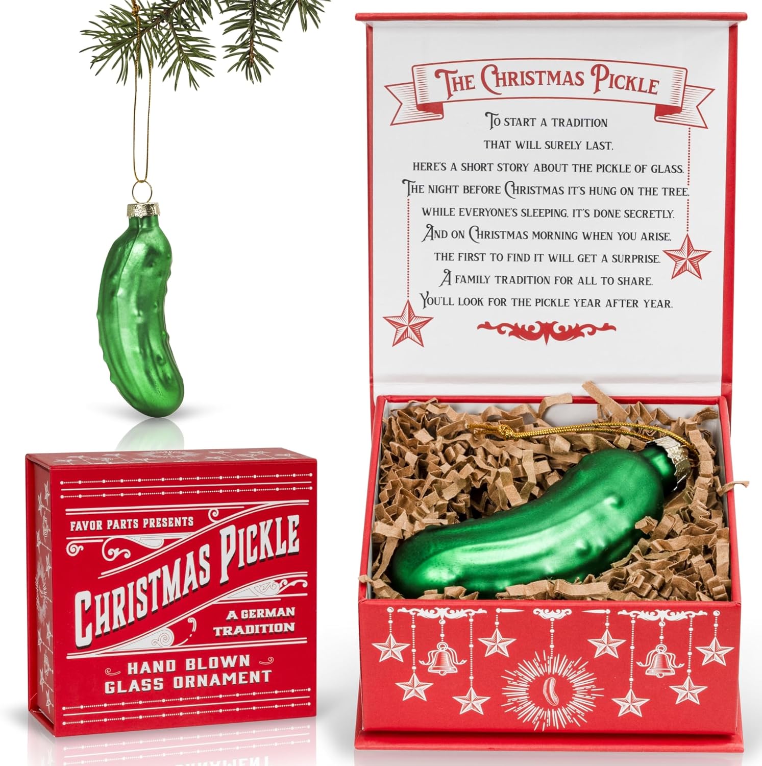 German Christmas Pickle Ornament Tradition Decor – Green Glass Tree Decoration – Gift Boxed with Story & Legend