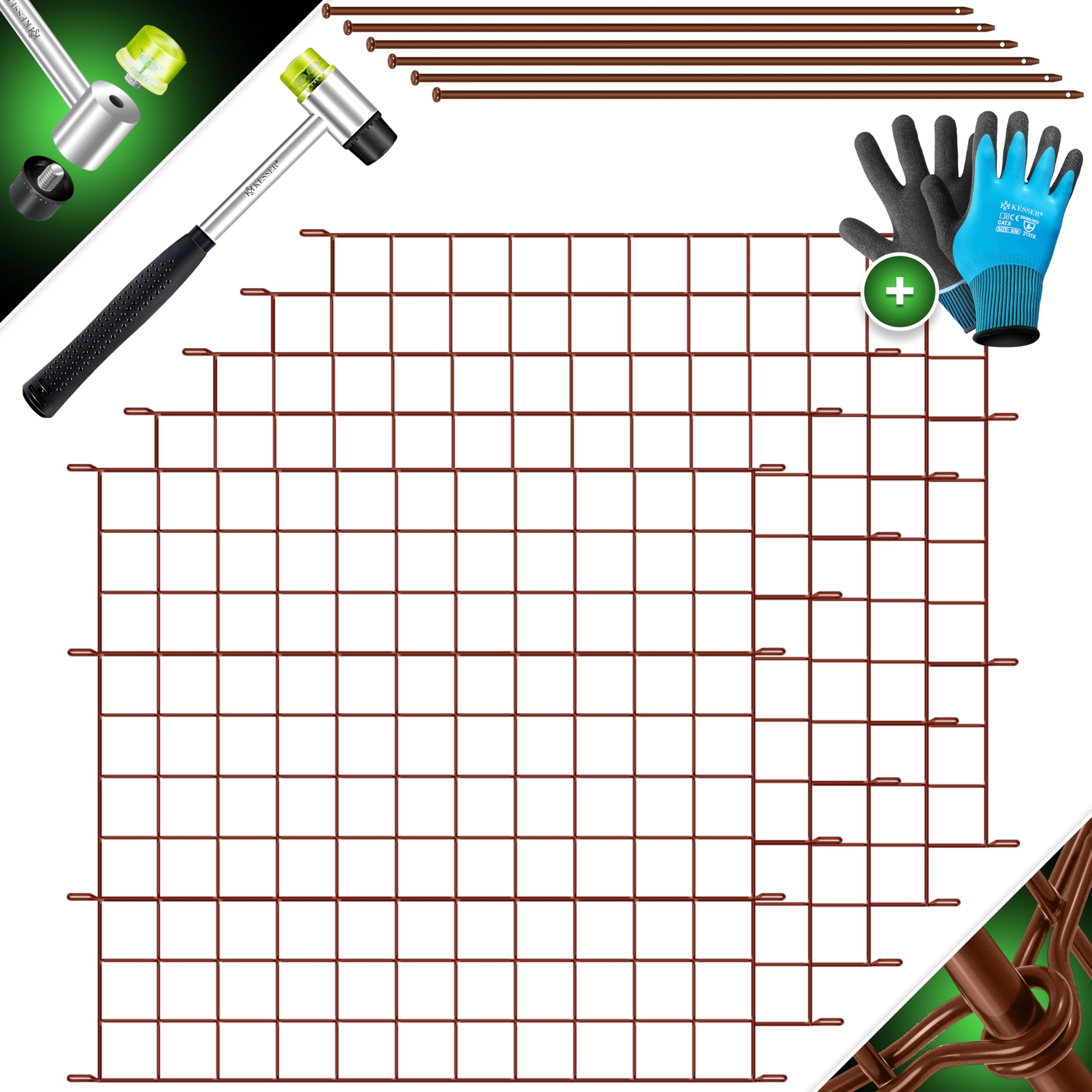 KESSER® Teichzaun Gartenzaun Steckzaun Komplettset Metall 5x Gerade Inkl. Handschuhe, 1x Hammer + 6 Befestigungsstäben, Zaun zum stecken für Garten, Gitterzaun Set Freigehege für Tiere