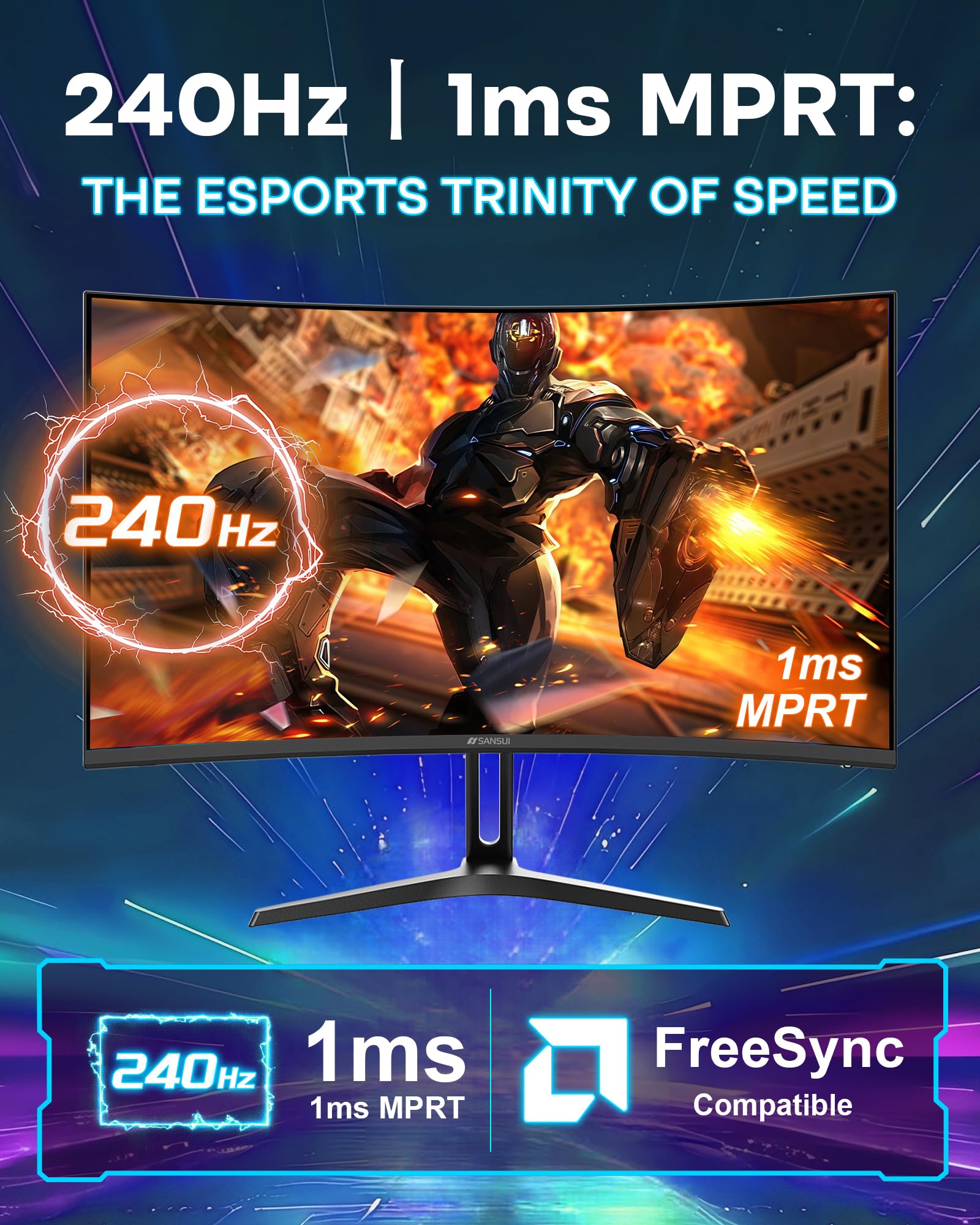 SANSUI 24 Inch Curved 240Hz Gaming Monitor FHD 1080P, 1500R Curve Computer Monitor, 124%sRGB, 3000:1 Contrast Ratio, HDR, FreeSync, MPRT 1Ms, Low Blue Light, HDMI DP ports.(ES-G24C1 PRO DP Cable Incl)