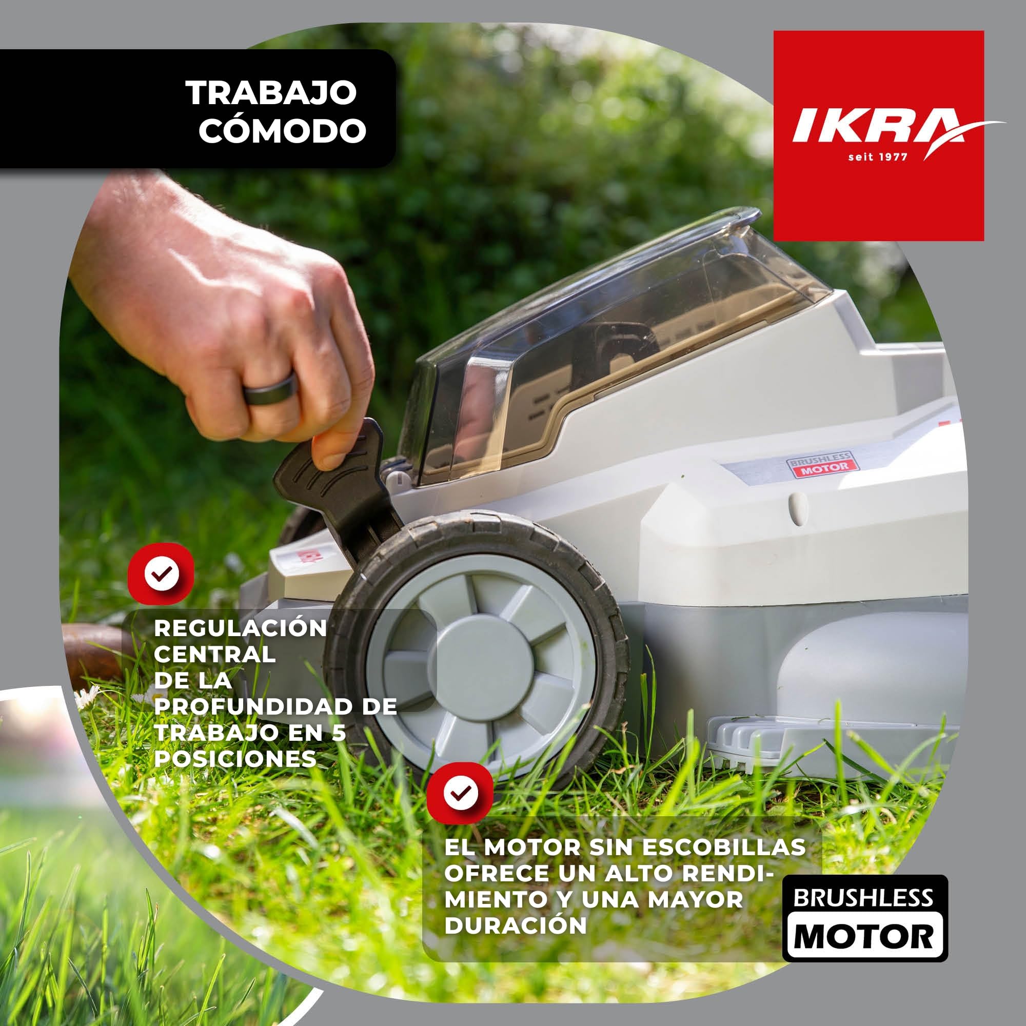 IKRA cortacésped ICM 2033, Ancho 33 cm, Incl. 2 baterías de 20 V y Cargador | Altura de corte de 25-75 mm, cortacésped mulching para céspedes de hasta 150 m², bolsa 30 l, gama de baterías de 20V de IKRA