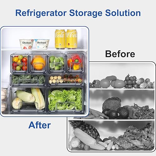 Miniatura 3 de Organizador de almacenamiento de plástico transparente para refrigerador con cajones y escurridor, contenedores apilables para organización de