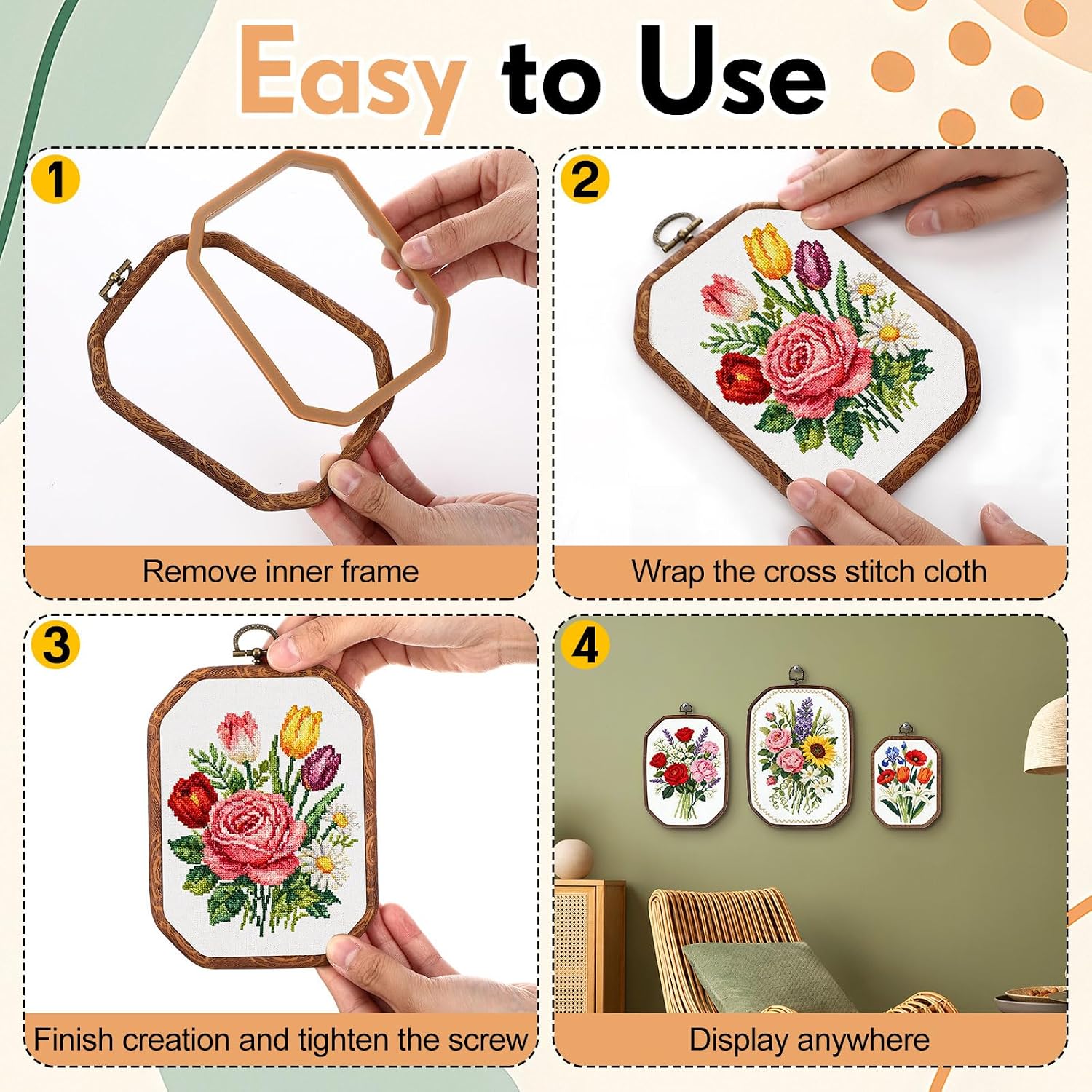 BrightRow 6 Pcs Large Embroidery Hoop Set Decorative Imitated Wood Display Frame Cross Stitch Hoop Ring for Art Craft DIY Sewing and Hanging Ornaments Decor(Rectangular,15+20+26 cm)