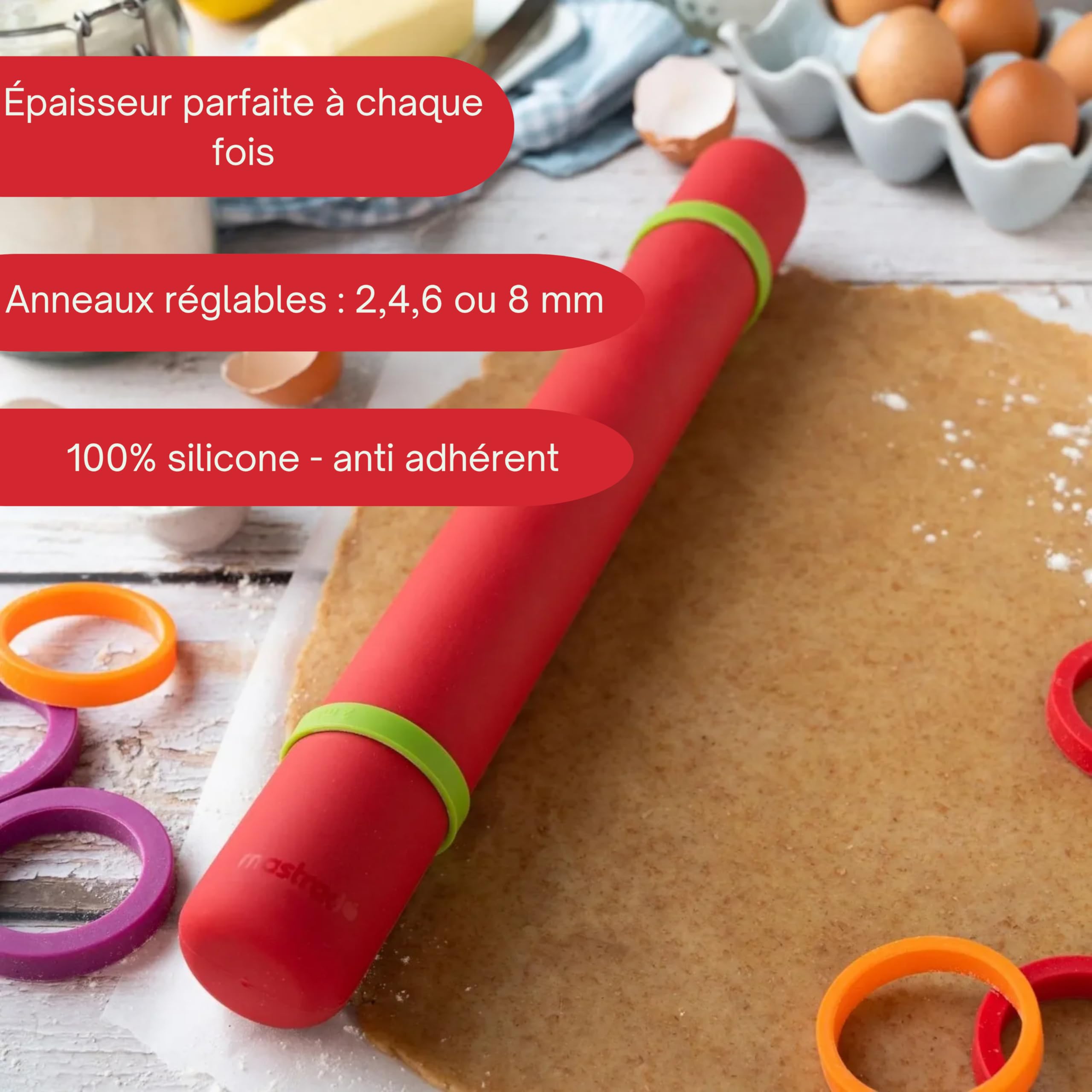 Mastrad – Rouleau à Pâtisserie Ajustable en Silicone Rouge – 4 Anneaux Réglables (2, 4, 6, 8 mm) – Revêtement 100 % Silicone – Corps Inox – Antidérapant & Facile à Nettoyer – Accessoire de Pâtisserie