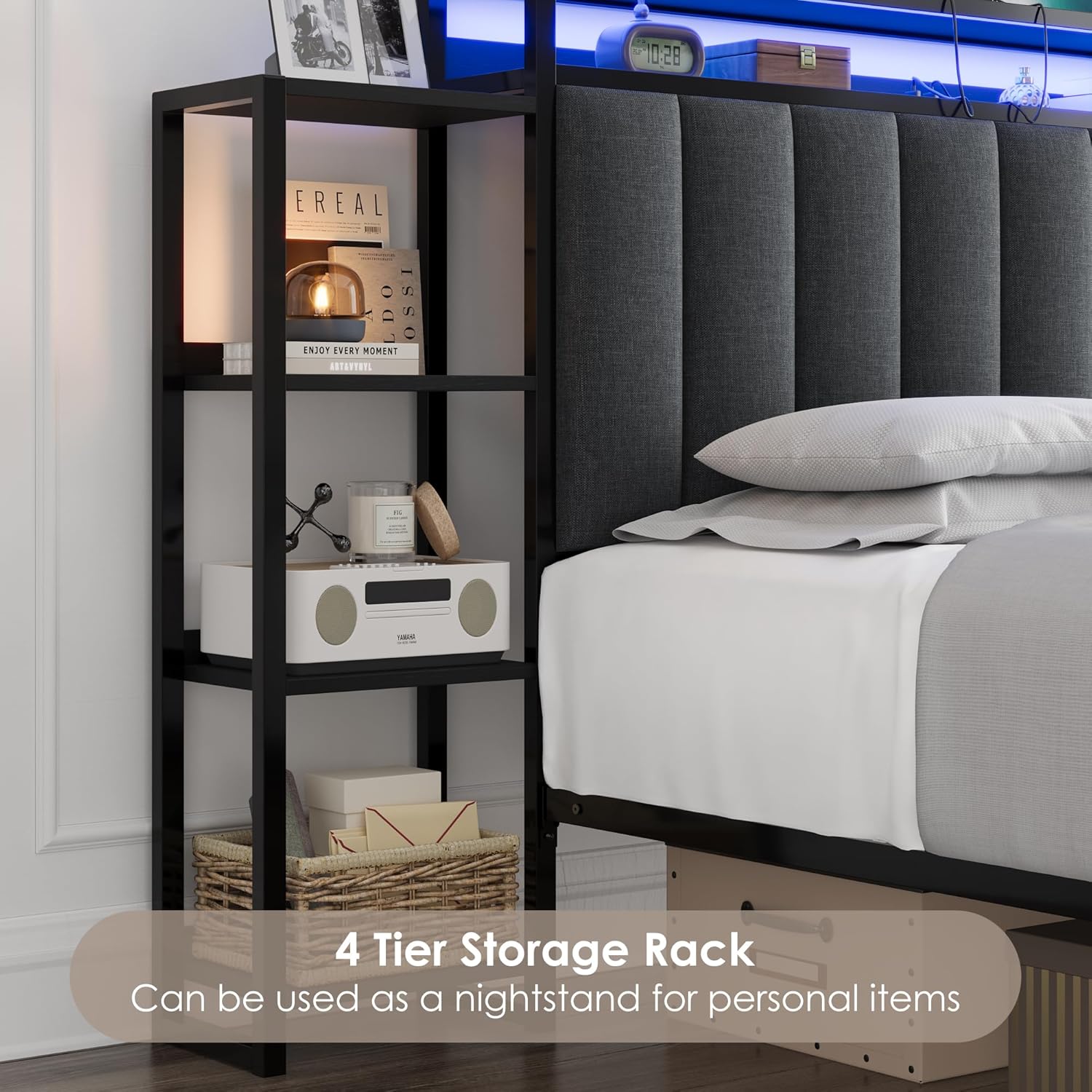 Keyluv Twin Bed Frame with Storage Headboard & Charging Station, Upholstered LED Platform Bed with Bedside Storage Rack & Drawer, Metal Slat Support, No Box Spring Needed, Linen Fabric, Black - Image 4