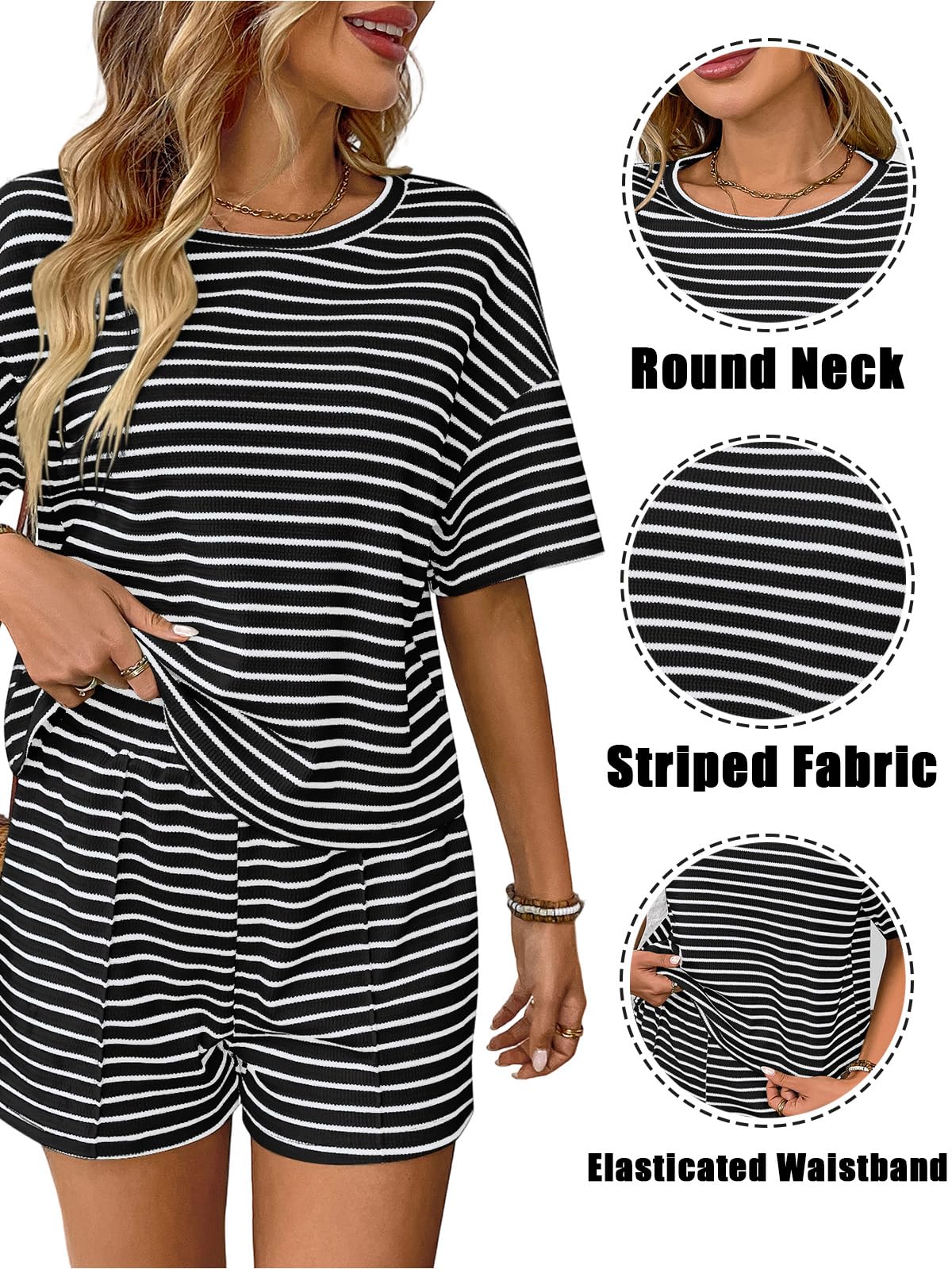 Conjunto Chándale Mujer Verano 2 Piezas Casual Pantalones Cortos y Top Camiseta Manga Corta Camiseta Manga Corta a Rayas Cuello Redondo Deportivo — view 6