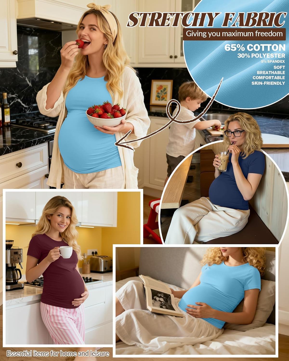 Huukeay 4 Pack Women's Maternity Shirts, Crew Neck Maternity Top Short Sleeve Casual Cotton Tee Side Ruched Pregnancy Clothes - Image 4