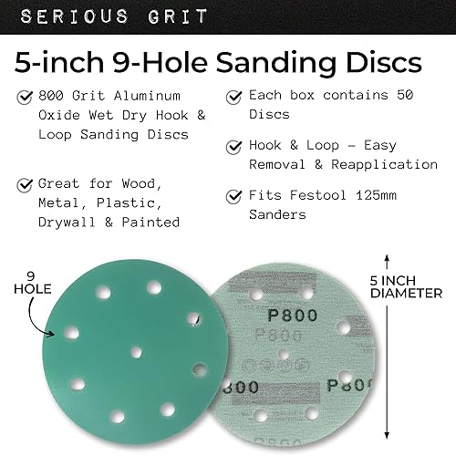 Vista 15 de Surtido de discos de lijado de 9 agujeros de 5 pulgadas - Grano 80, 120, 150, 180, 220 (10 de cada uno) - Discos de película de gancho y bucle