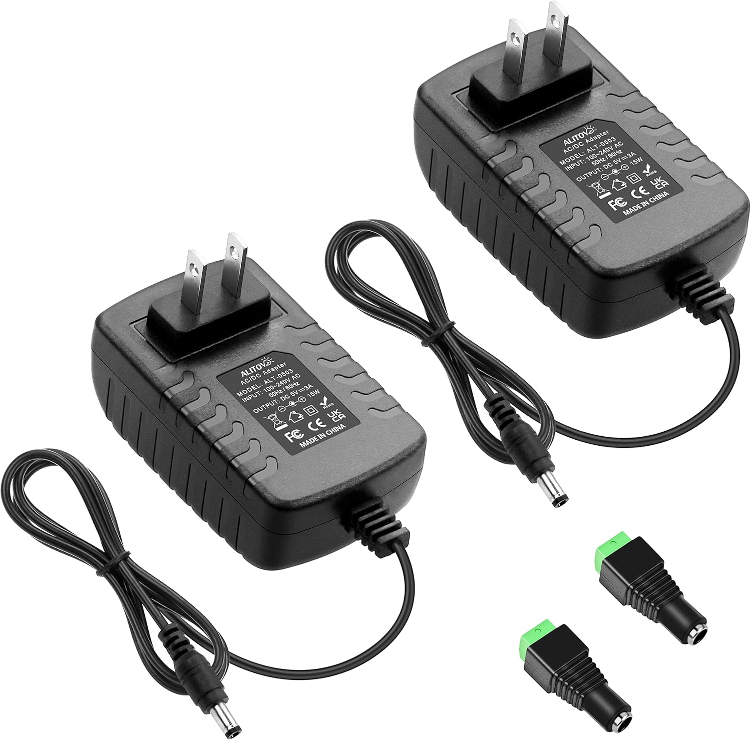 ALITOVE DC 5V 3A Power Cord AC Adapter 5 Volt Power Supply 4.92Ft 5.5mm x 2.5mm/2.1mm AC 100-240V to DC 5Volt 3000mA 2500mA 15W for LED Pixel Light CCTV Camera USB-HUB Wireless Router（5 Pack）