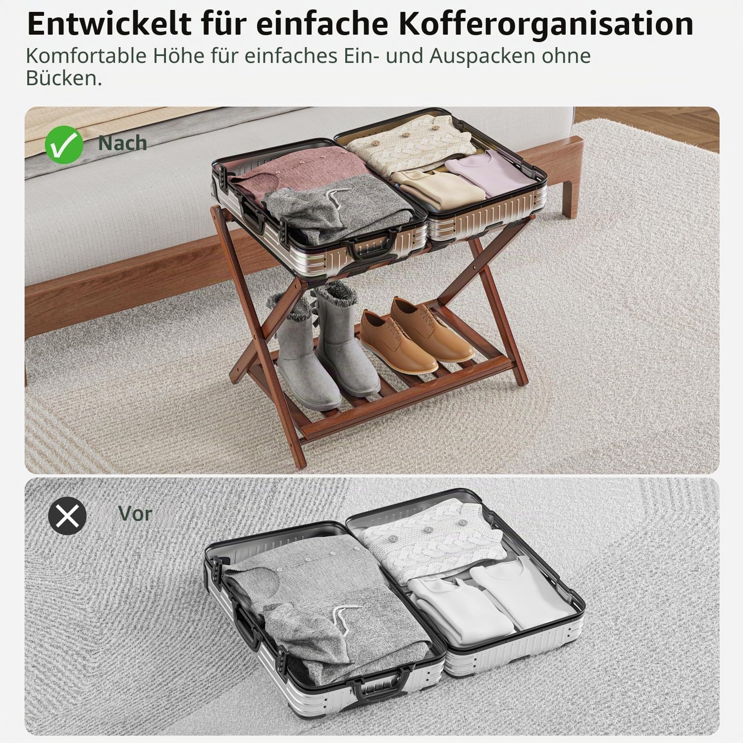 BAMBOOHOMIE Bambus Gepäckablage für Gästezimmer, 26,77" Klappbarer Kofferständer mit Ablagefach, Verstärkter Gepäckständer für Schlafzimmer und Hotels, Gepäckablage für Koffer (2er-Set, Braun)