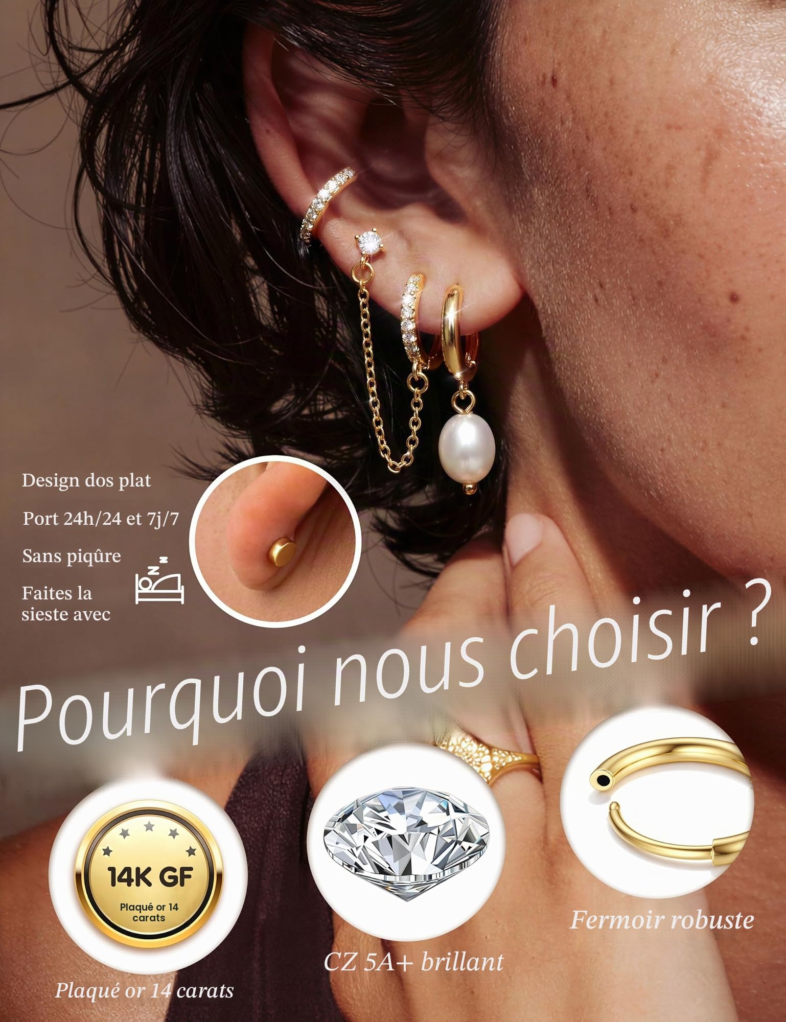 Adramata Boucles d'Oreilles Femme Or Argent Hypoallergéniques Boucles d'Oreilles Femme Acier Inoxydable Boucle d'Oreille Pendante Chaîne Creoles Petites Conch Cartilage Tragus Helix Piercing Oreille