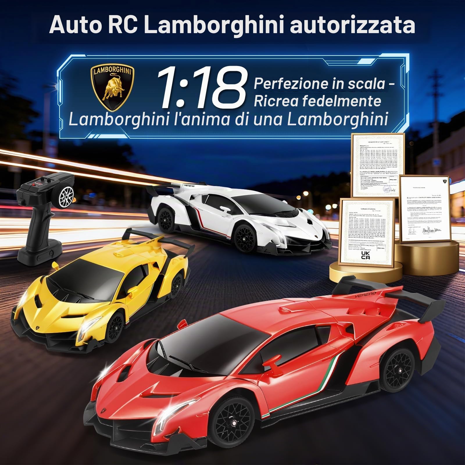 Lamborghi-ni, Scala 1:18, 4 ruote motrici, 35 km/h, con acceleratore proporzionale, illuminazione a LED, per bambini 6-12 anni