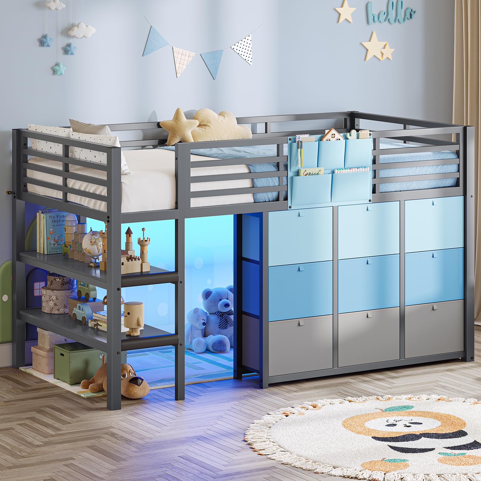 AOGLLATI Hochbett 90x200 mit LED, 9 Schubladen, Treppe als Ablagen nutzbar | Kinderbett mit Rausfallschutz 32 cm, Spielvorhang, Spielbereich unter dem Bett für Kinder, Grau+Blau, ohne Matratze