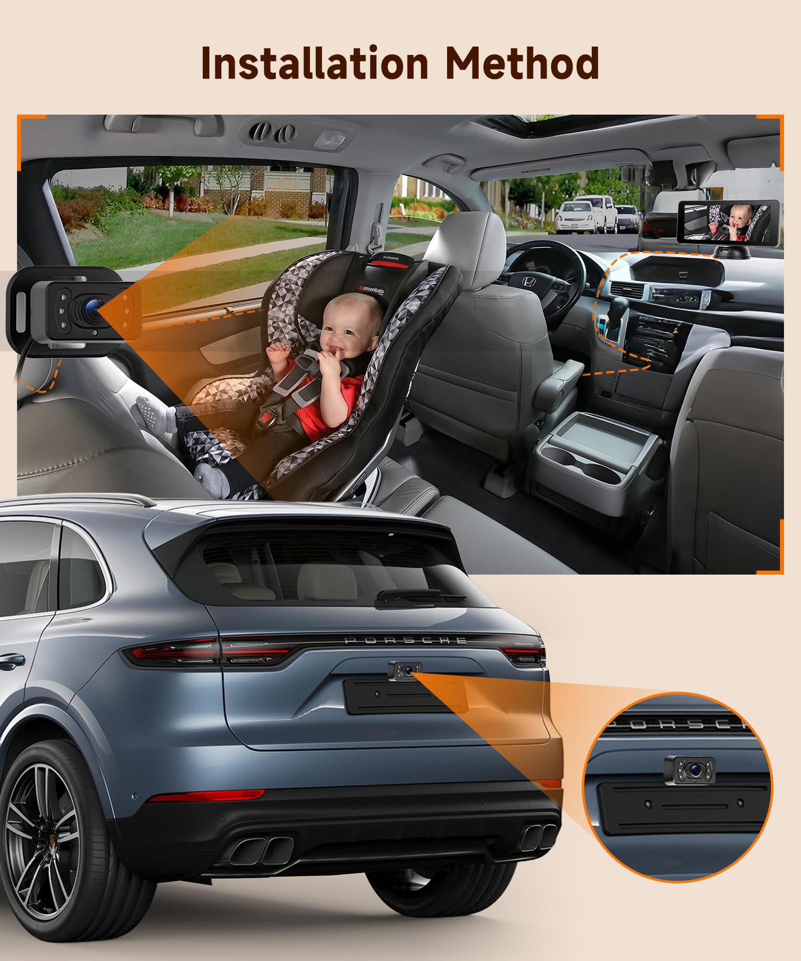VECHTEL Moniteur Auto 6,86" IPS pour Bébé, Double Caméra 720P, Moniteur avec Caméra pour bébé Rotative 360°/Caméra de Recul IP69 Étanche, Vision Nocturne Grand Angle pour Voiture 12V Camping Car