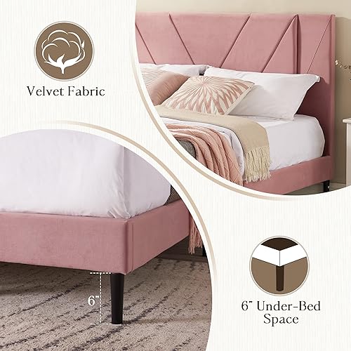 Miniatura 4 de Flolinda Base de cama tamaño Queen con cabecero tapizado de terciopelo con listones de resortes, moderno marco de cama Queen, base de colchón, fácil