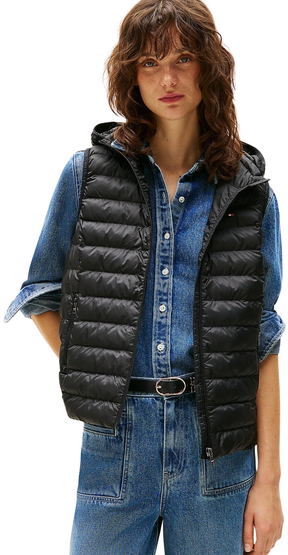 Tommy Hilfiger Women’s Padded Global Stripe Gilet with Hood, Black (Black), XXS