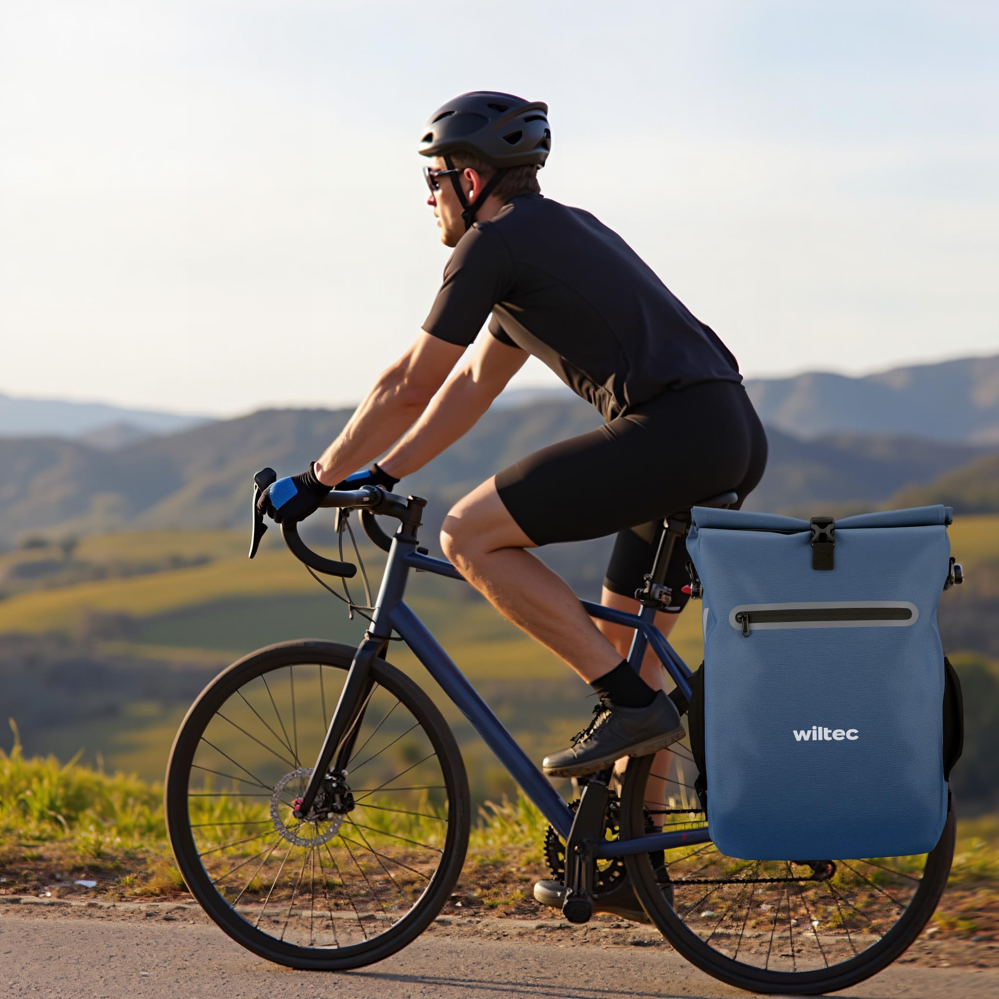 Wiltec Sacoche sac à dos étanche pour porte-bagages bleue – capacité de 20 L – en 600D TPU – avec compartiment pour ordinateur portable – pour vélos et vélos électriques – Sac de bicyclette – Cyclisme