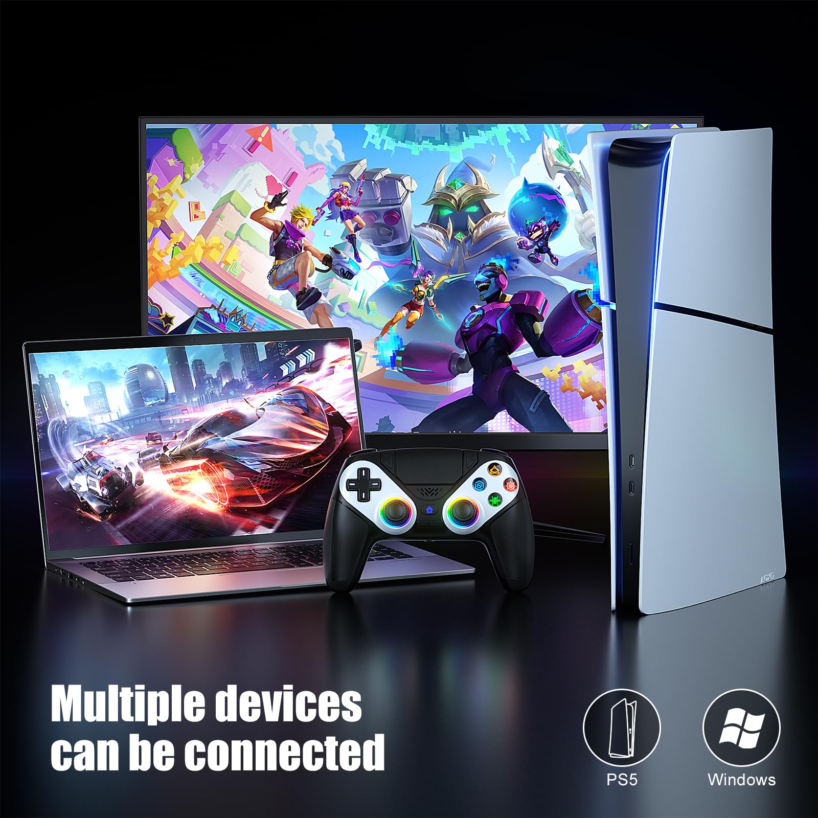 Dinosoo RGB Wireless Controller für PS5/PC, Bluetooth Gamepad mit Rücktasten, Touchpad, 3,5-mm-Audioanschluss, Dual-Vibration, Macro, Turbo, 6-Achsen-Sensor, Schwarz