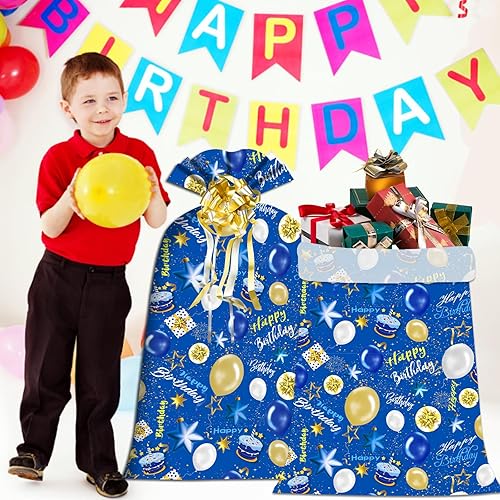 Miniatura 5 de OILCUP 2 bolsas de regalo grandes de plástico de gran tamaño de 48 x 36 pulgadas con 2 flores de jalar para envolver regalos de cumpleaños grandes,