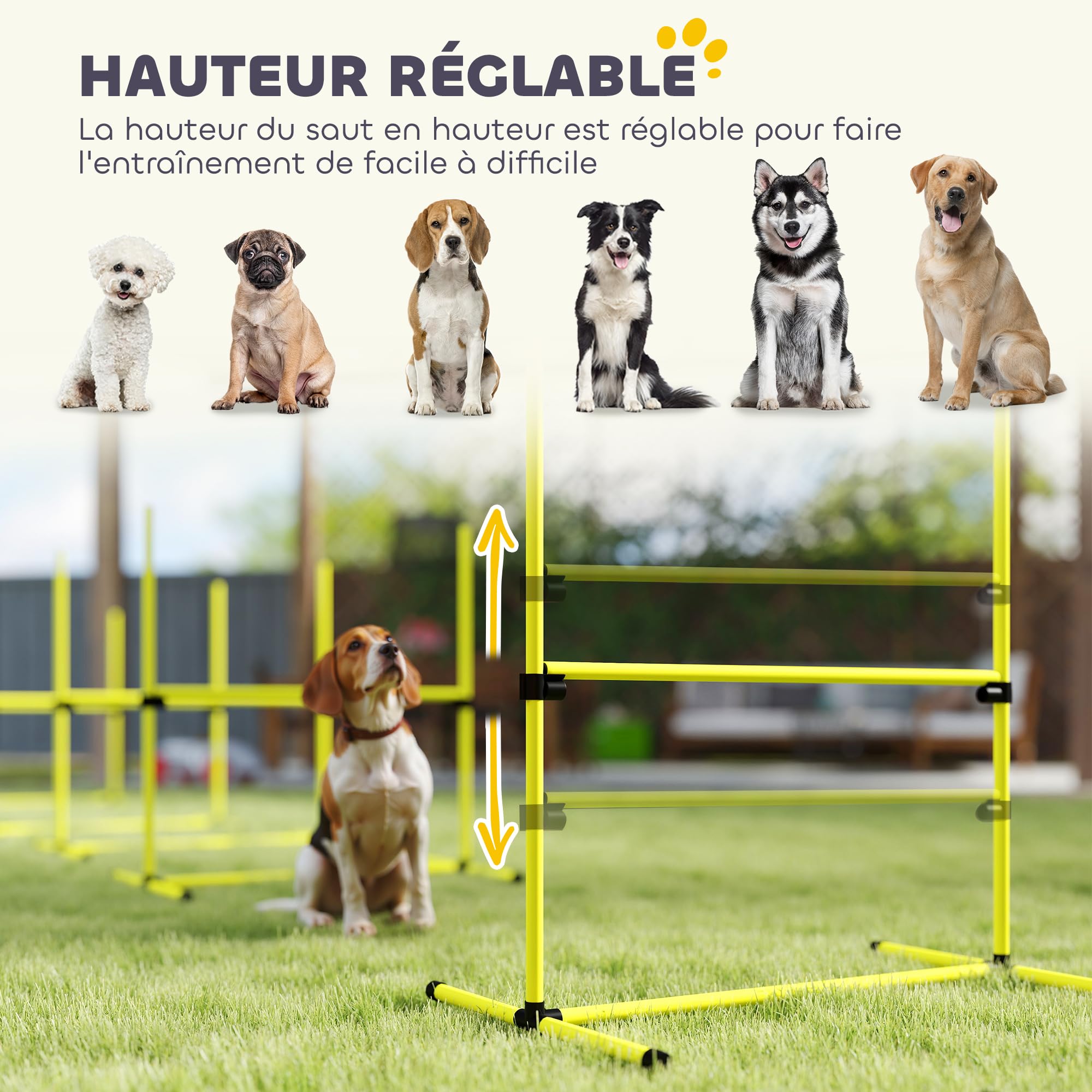PawHut Agility pour chiens, kit agility chien parcours, set de 4 obstacles professionnels hauteur réglable, système de maintien au sol sac transport parfait pour jeux intéressants, entraînement, jaune