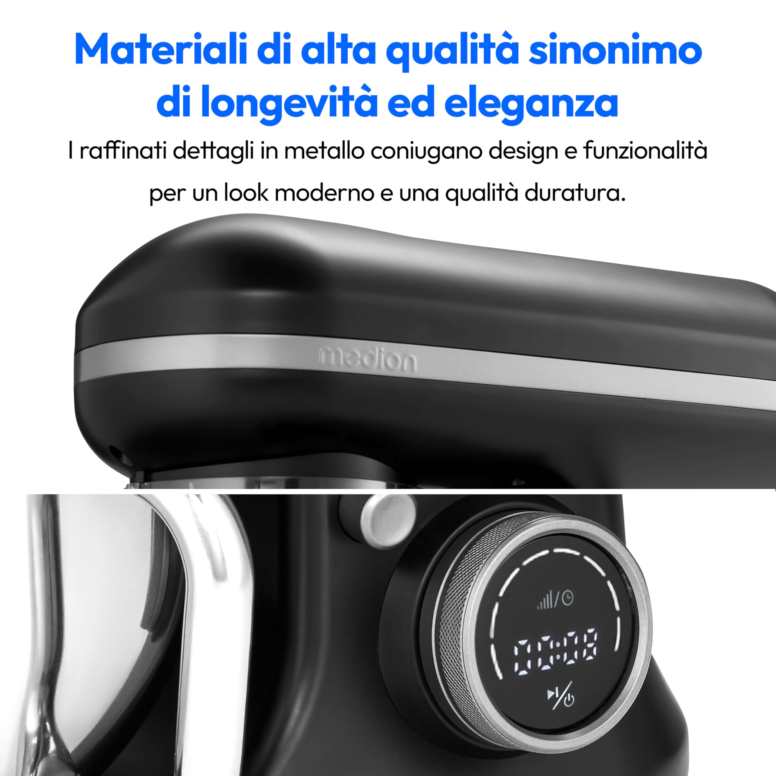 MEDION Robot da cucina (1.200 watt, 8 impostazioni, miscelare impastare mescolare, display digitale, ciotola in acciaio inox da 5 litri, ciotola per la preparazione del gelato, MD18420) nero