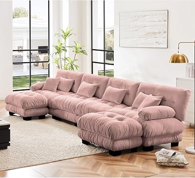Modular Sectional Sofa Couch with 2 Ottomans-173.2" Pink Oversized Chenille Comfy Couches with Bolstered Armrests, 6 Pillows | Cloud Seating for Living Room, Bedroom, Office & Apartment 4-Seat