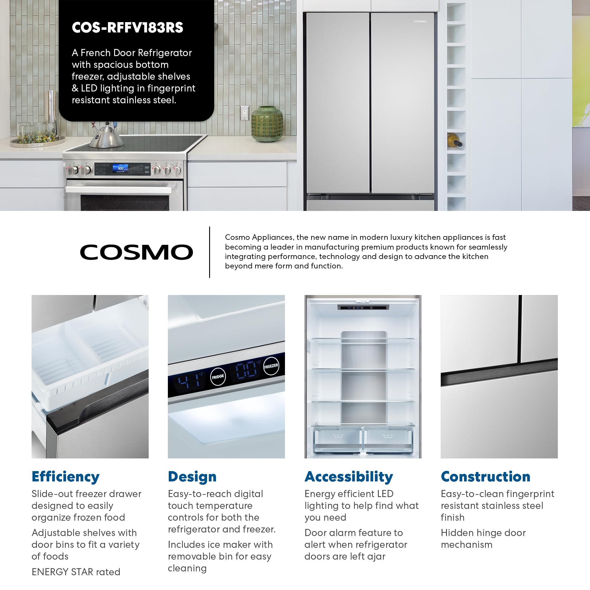 Cosmo Cos-Rffv183rs 30 In. Vista Collection 17.5 Cu. Ft. Counter Depth 3-Door French Door Refrigerator, Freezer Drawer, Stainless Steel on Fridge.com - View 2