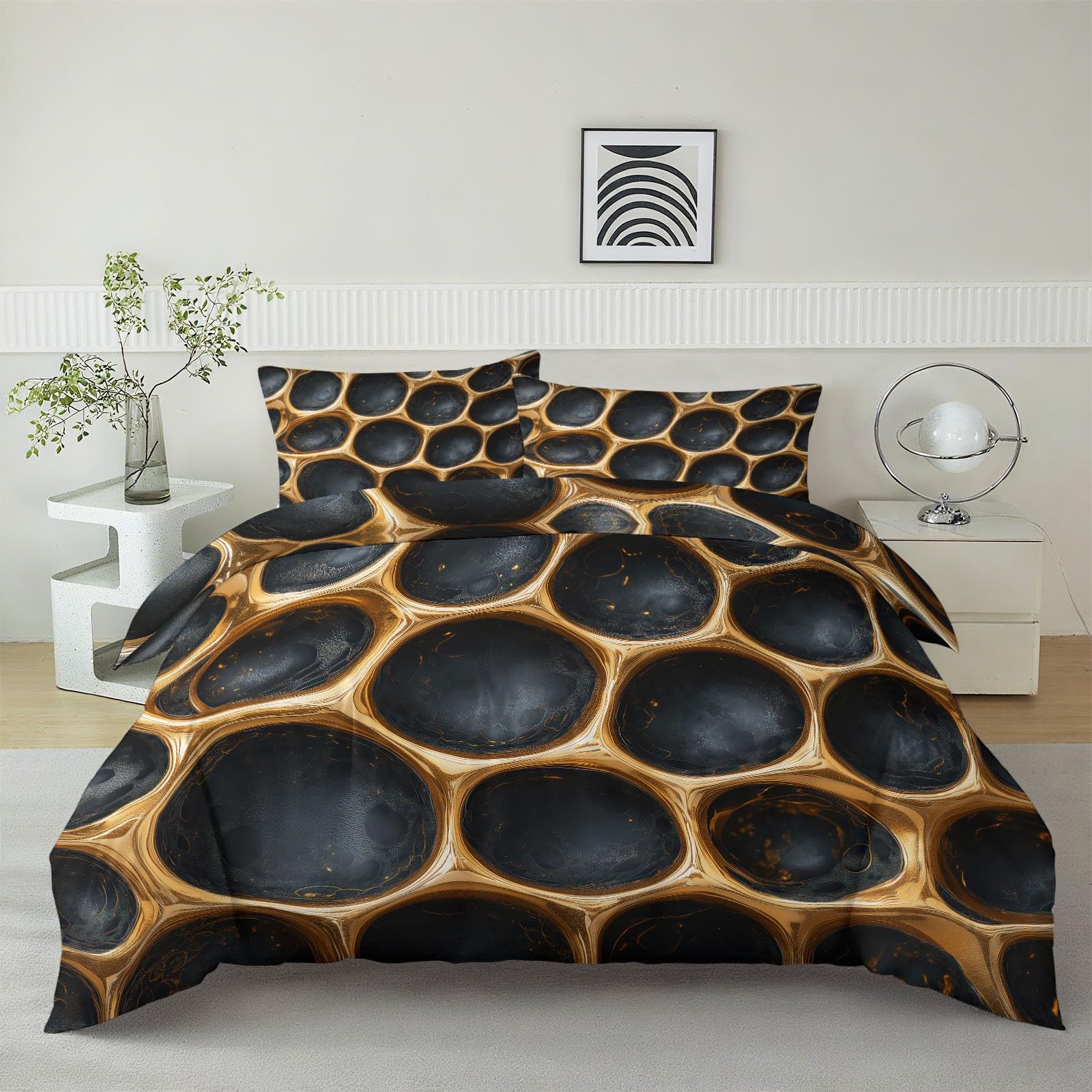 2-osobowy komplet pościeli 200 x 200 cm czarny, pojedynczy metalowy wzór plastra miodu, super miękka poszwa na kołdrę z mikrofibry nadruk 3D o wysokiej rozdzielczości, z zamkiem błyskawicznym i 2