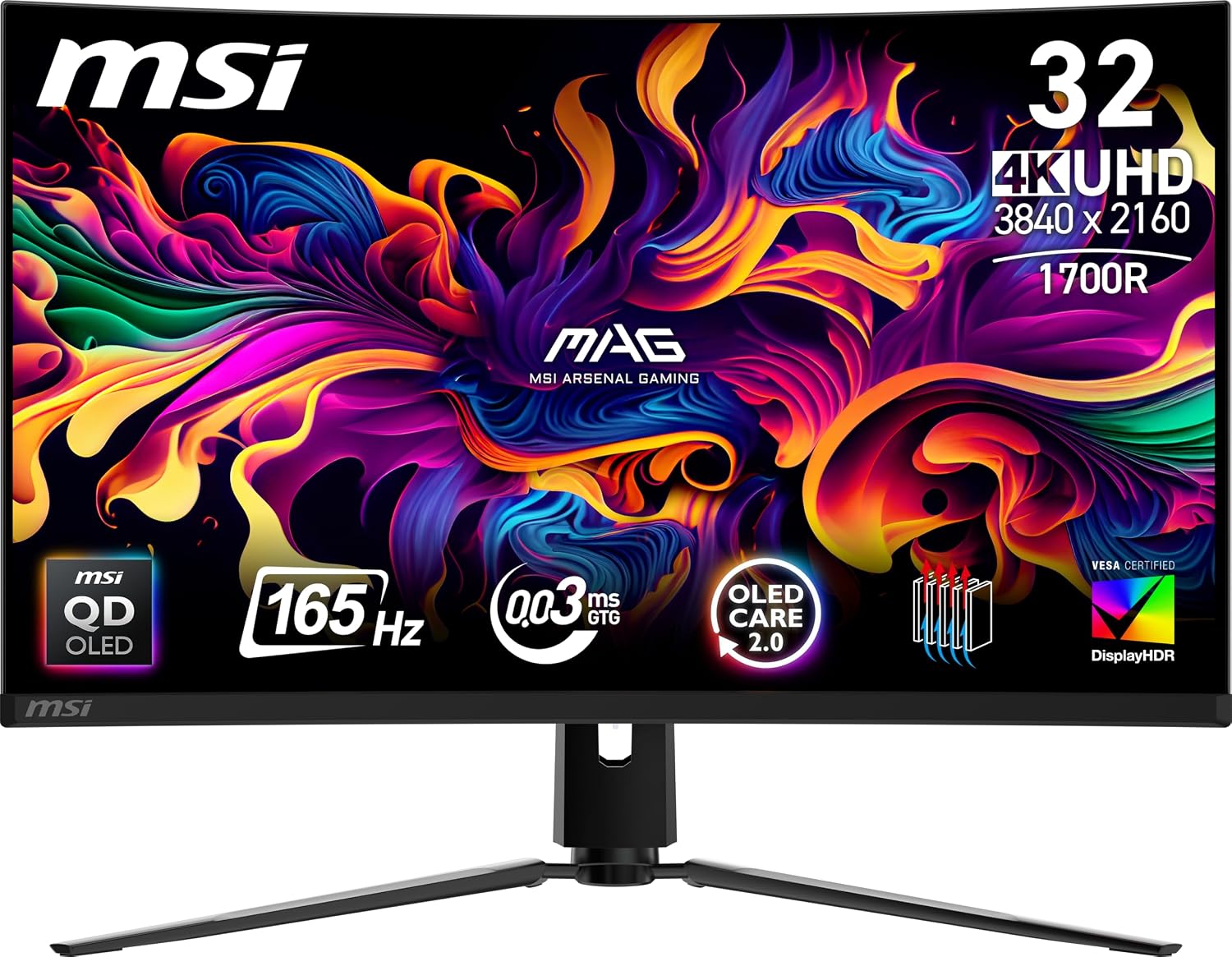 msi MAG 321CUP QD-OLED, 32-Inch, 4K UHD, 3840x2160, OLED Monitor, 165Hz, 0.03ms, DisplayHDR True Black 400, G-SYNC Compatible, HDMI 2.1, DP 1.4a, USB C (15W PD), Tilt/Height Adjustable, Black