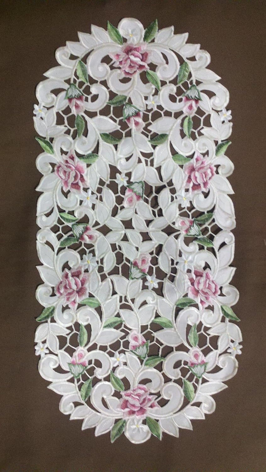 Table Runner Embroidered with Light Pink Cutwork Roses, Size 44 x 15 inches
