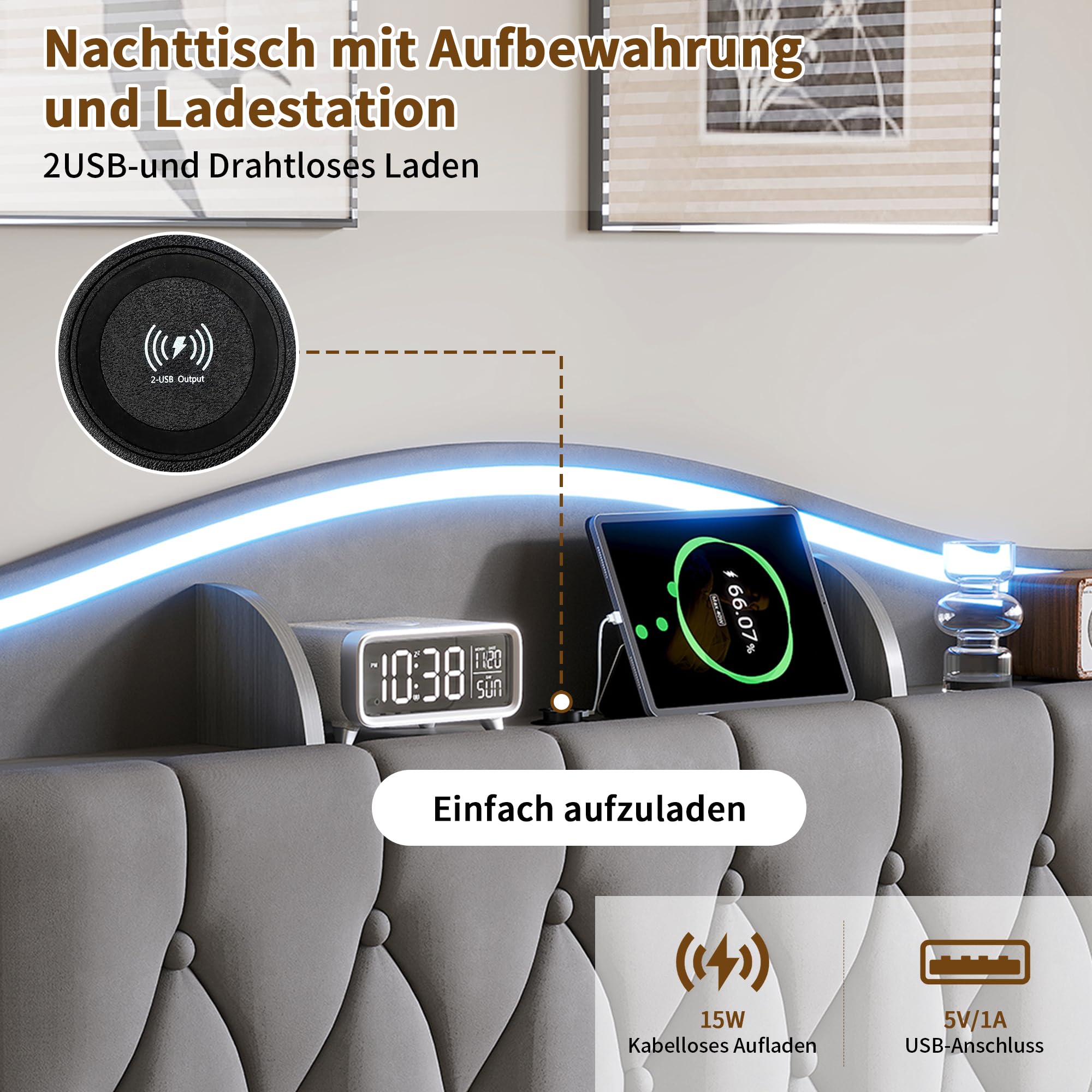 Letto Contenitore Matrimoniale 160x200 cm, Letto Baule con LED e Ricarica wireless, Letto imbottito con Contenitore e Testiera, Rete a Doghe in Legno, velluto, Senza Materasso (Grigio B, 160x200)