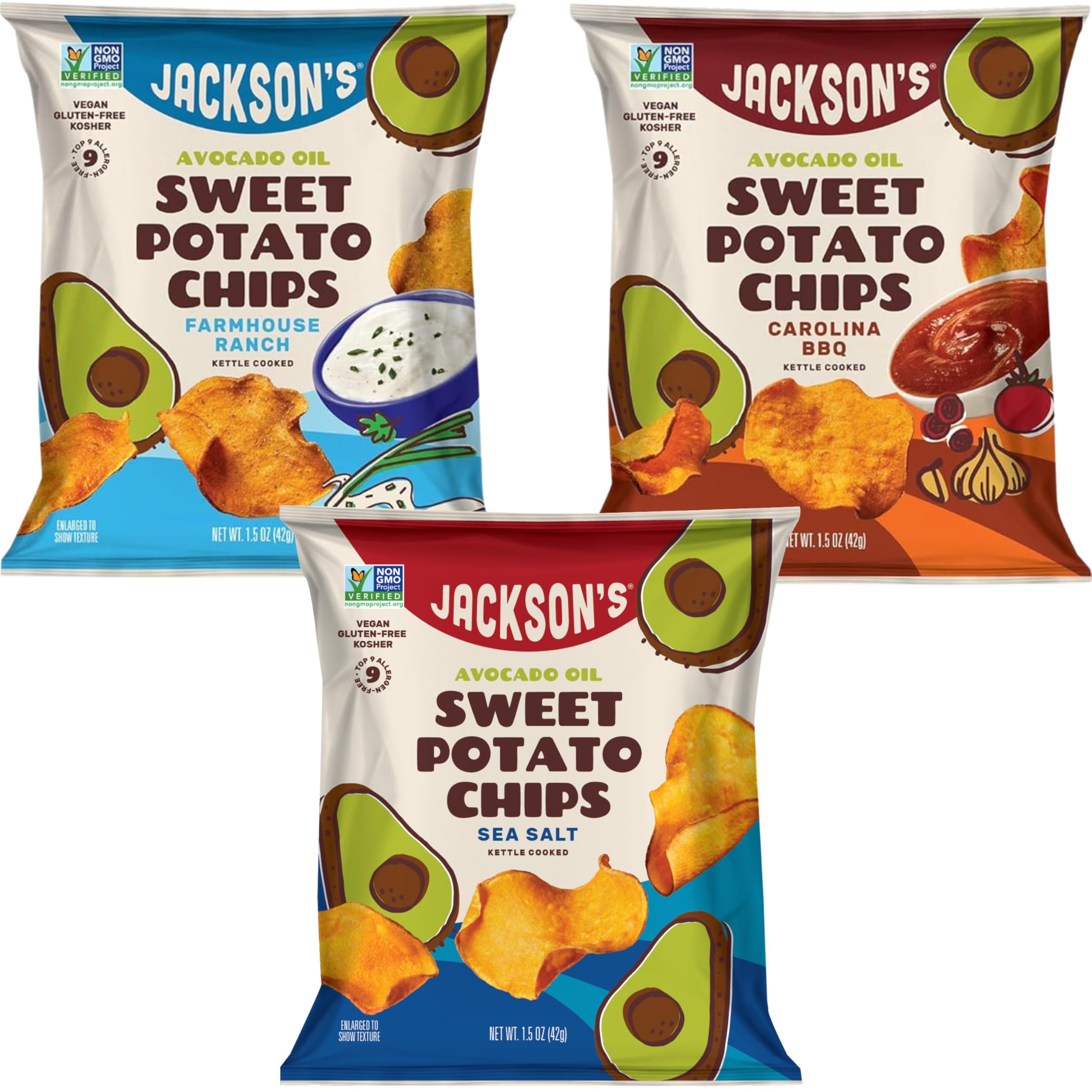 Jackson’s Sweet Potato Kettle Chips Avocado Oil Variety Pack made with Premium Oils (1.5 oz, Pack of 10) Sea Salt, Ranch and BBQ Flavors -