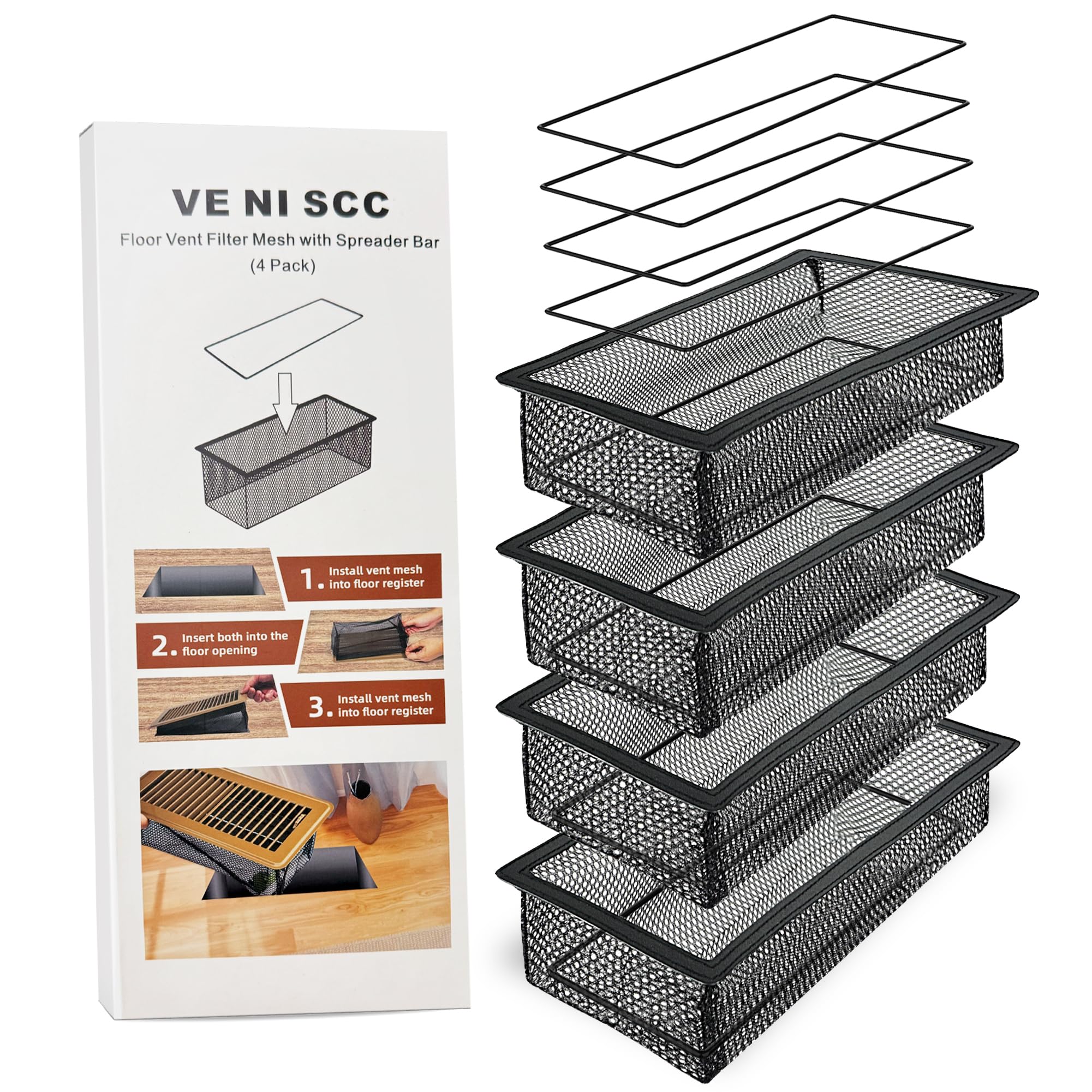 Floor Register Cover Trap 4 x 10 Inch, Floor Vent Screen Net for Home Floor, Air Vent Filter Mesh Catches Coin, Toys, Pet Food and Hair - with Spreader Bar 4 Pack