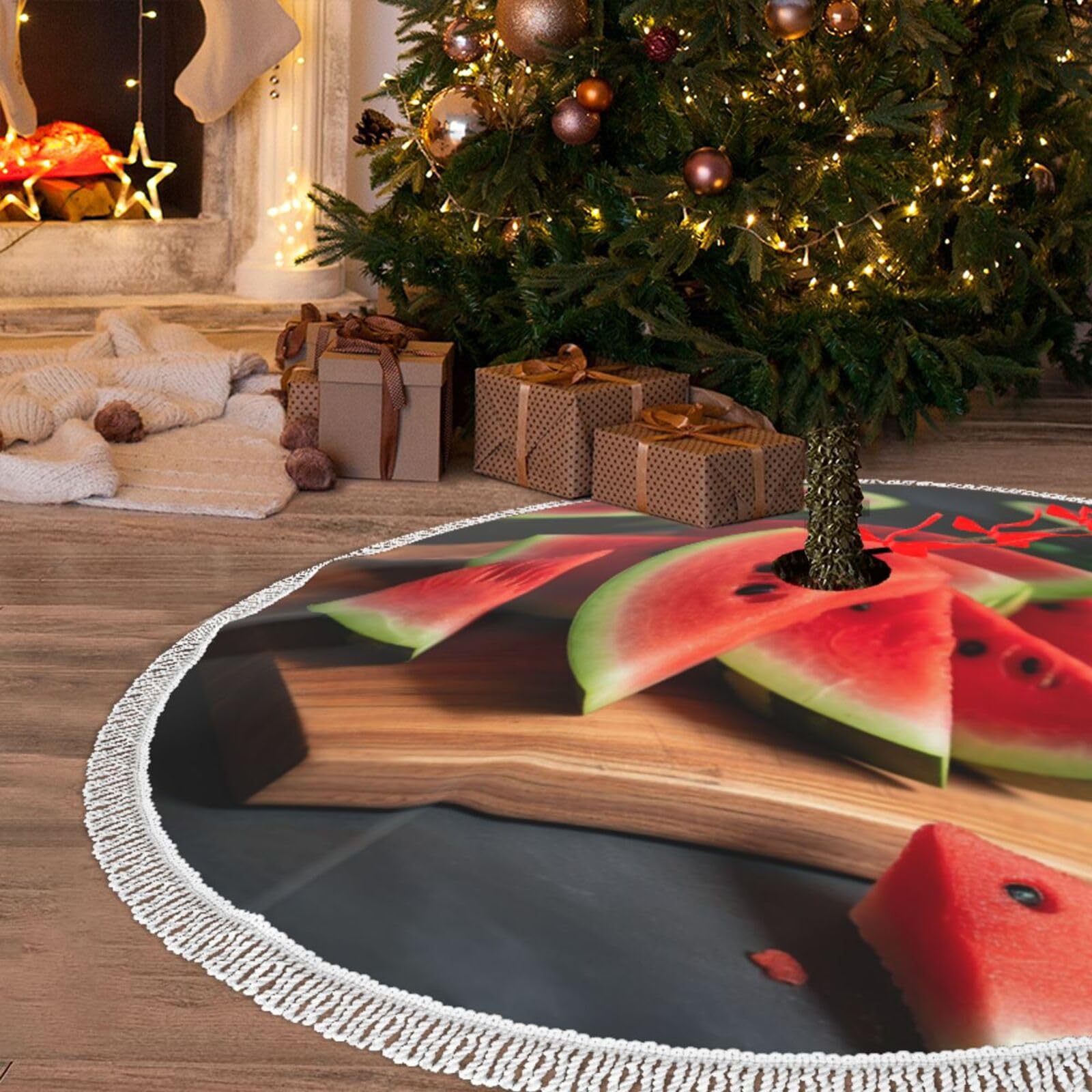 Tapis de sapin de Noël pastèque 121,9 cm avec pompons pour décoration de fête