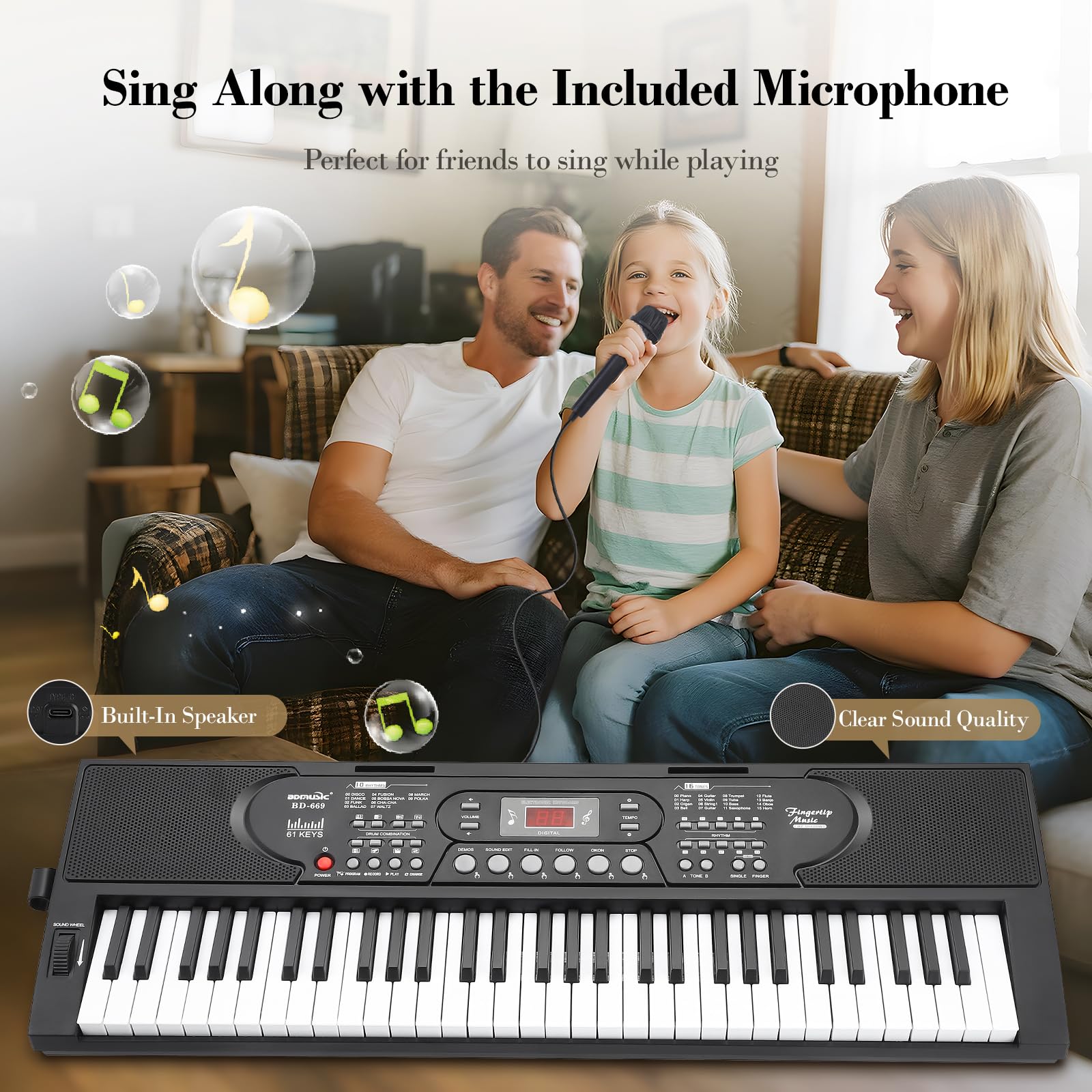 Pianola Elettrico 61 Tasti, Portatile Tastiera Pianoforte Digitale con Doppio Alimentatore, Leggio per Spartiti, Adesivi per Note Pianoforte, Microfono Cuffie, Tastiera Musicale per Principianti