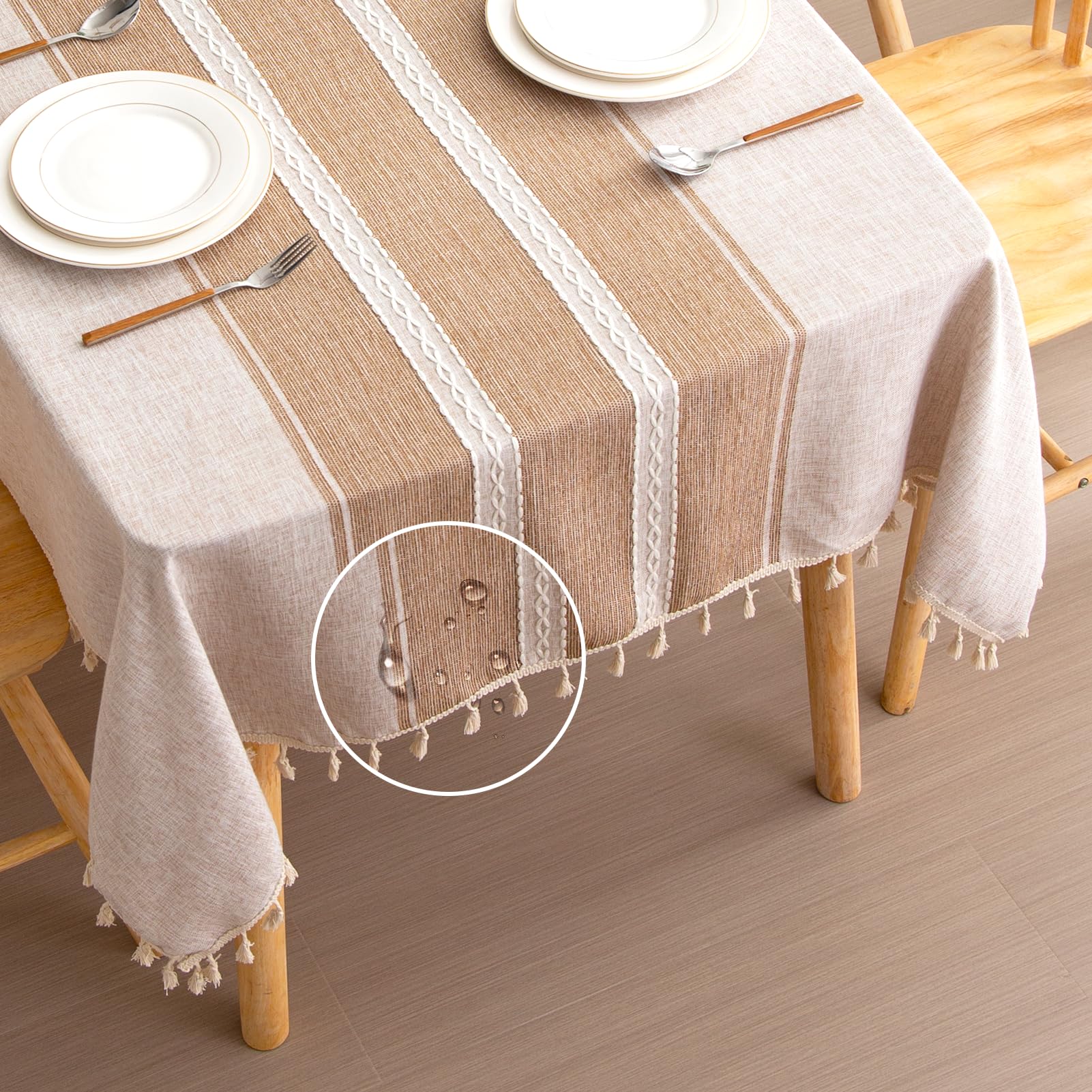 EMART Rectangle Table Cloth - Cotton Linen Waterproof With Tassels | Coffee Stripes 55x70 Inches