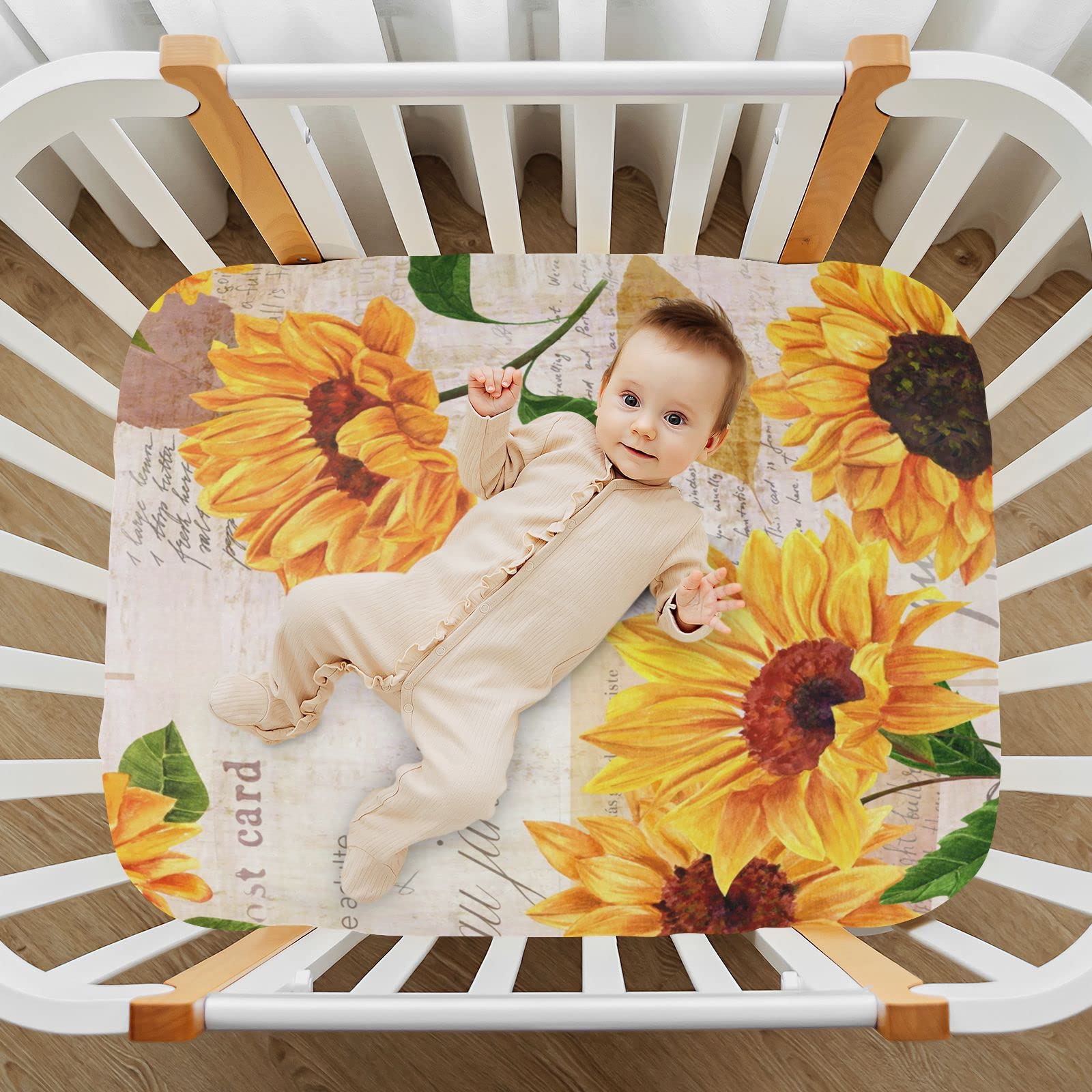 Spannbettlaken für Kinderbett, Vintage-Stil, Sonnenblume, weich, atmungsaktiv, pflegeleicht