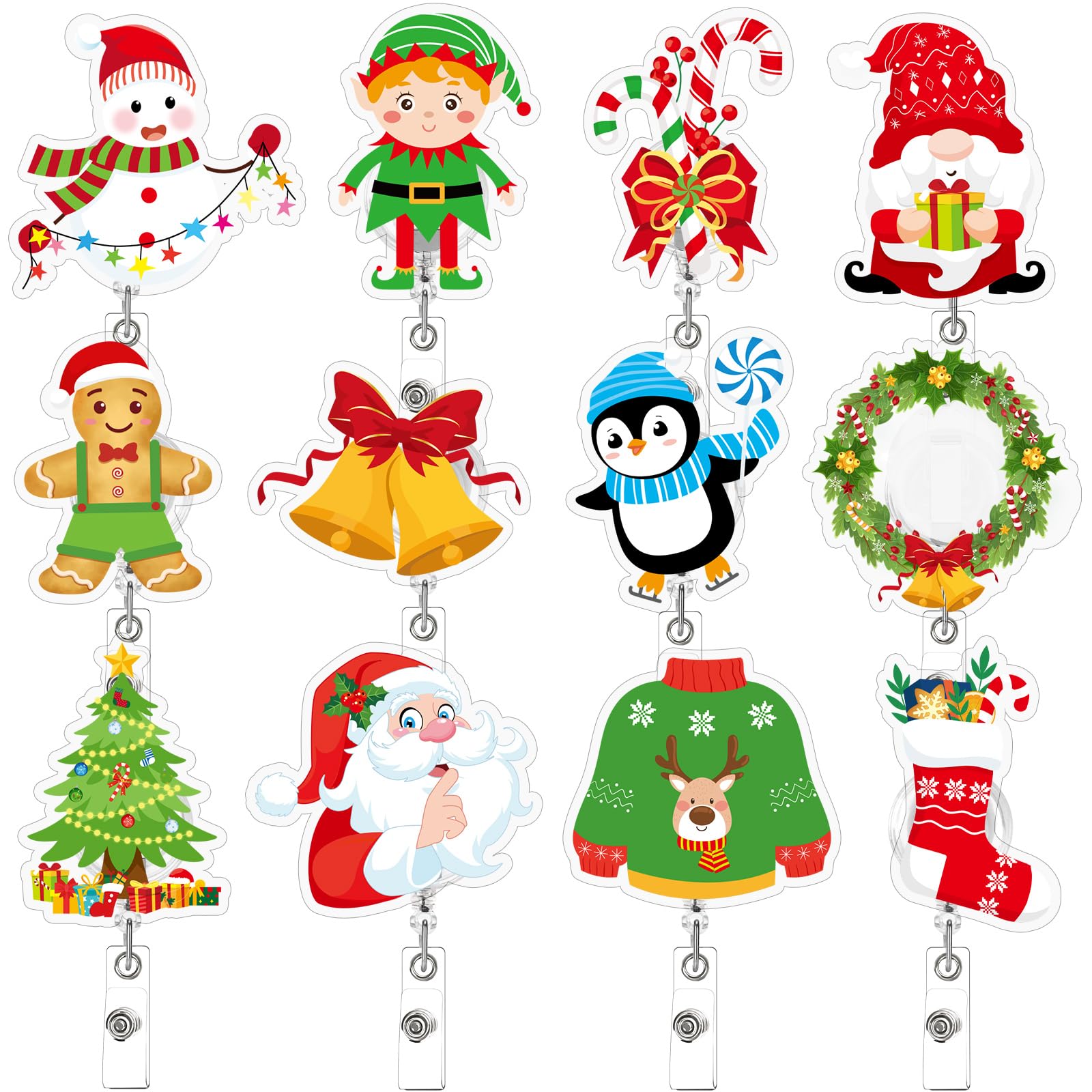 Jansun Christmas Badge Reel 12 Pcs Nurse Badge Reel Name Badge Clips Retractable Christmas Badge Holder Acrylic Santa Snowman Garland Gingerbread Man