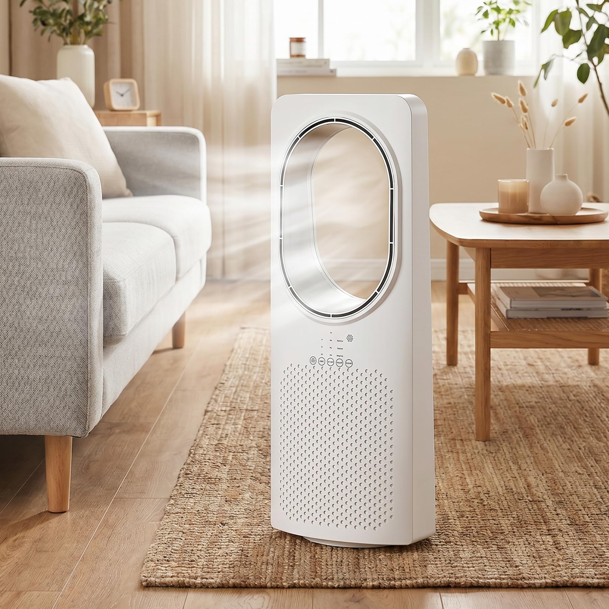 HOMCOM Ventilatore a Torre Senza Pale per Camera da Letto, Silenzioso 36dB, con Oscillazione a 45°, Luci LED, 3 Velocità, 3 Modalità, Timer 15 Ore, Telecomando, Bianco