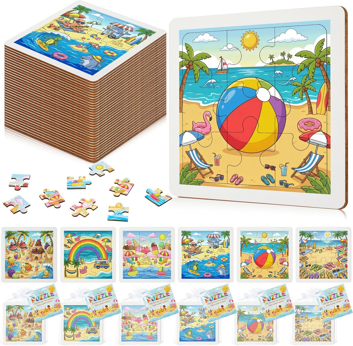 24 Sets Wooden Beach Puzzles End of the Year Gifts for Students Greeting Card Summer Beach Theme Gifts Educational Puzzle Boards Toys for 3 4 5 6 Boys Girls School Reward Teacher Supply
