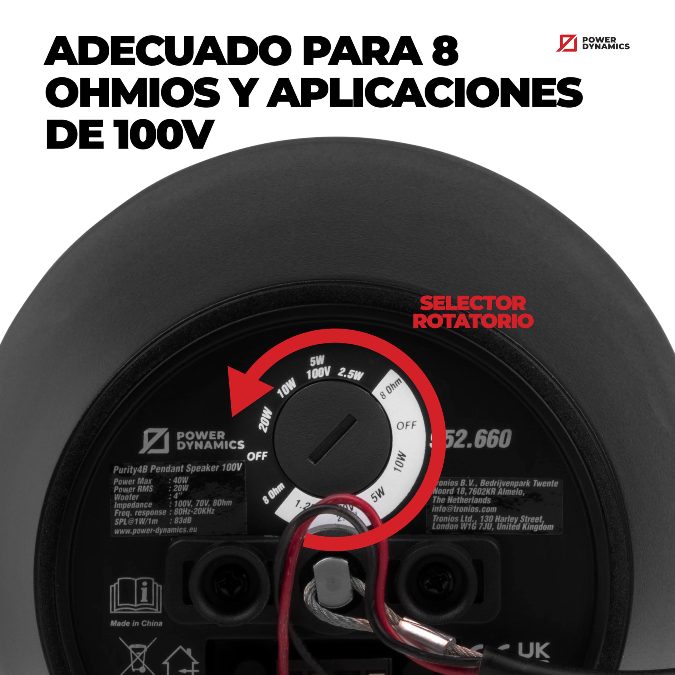 Power Dynamics Purity4B – Altavoz Colgante 100V 4 Pulgadas Sonido Ambiental Profesional para música de Fondo, megafonía, Sistemas comerciales Compatible 8 ohmios y techos Altos, Color Negro