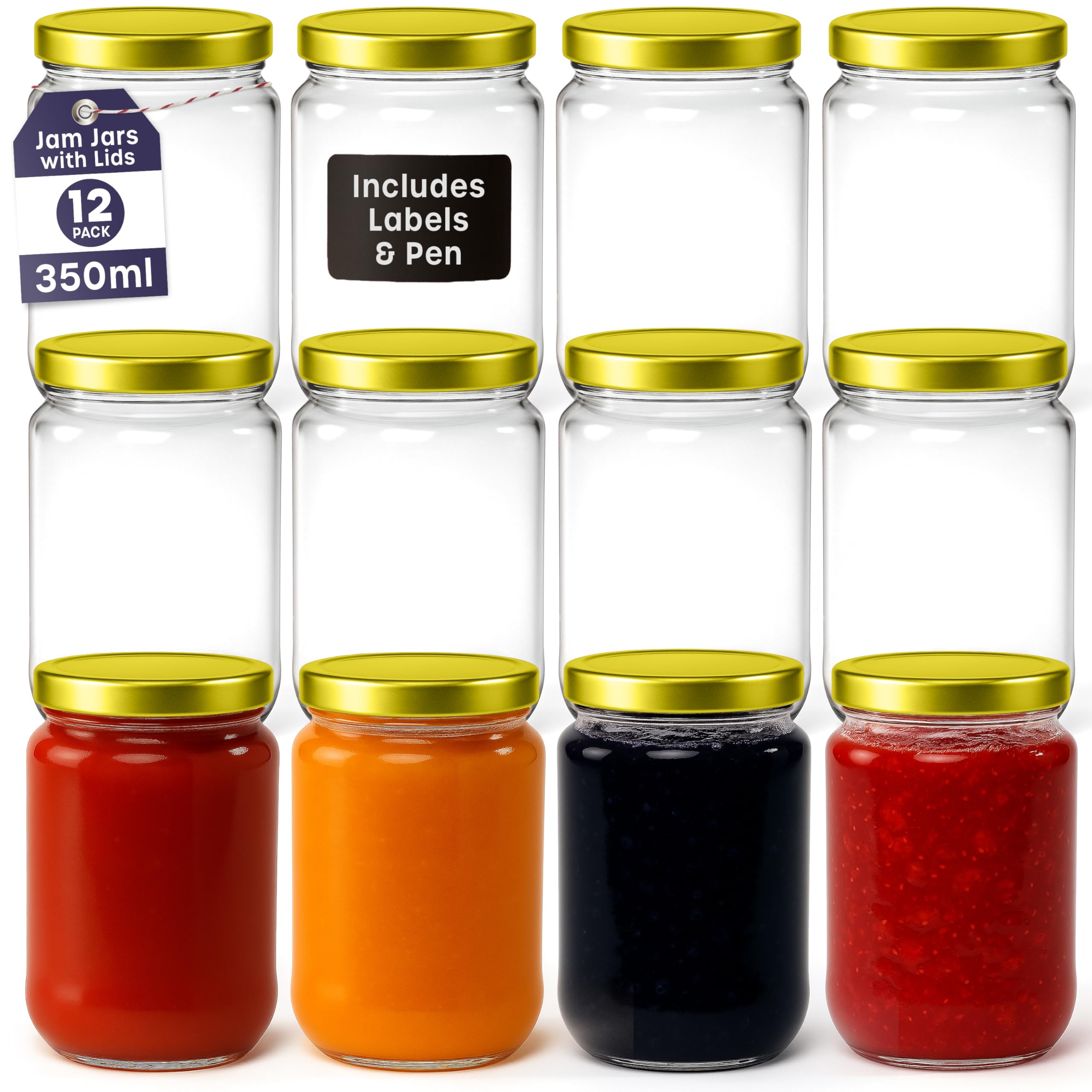 Volila Gold Round Jam Jars With Screw Top Lids - 350Ml Airtight Jars For Jam, Preserves, Marmalade & Pickle - 12 Pack With Labels And Pen