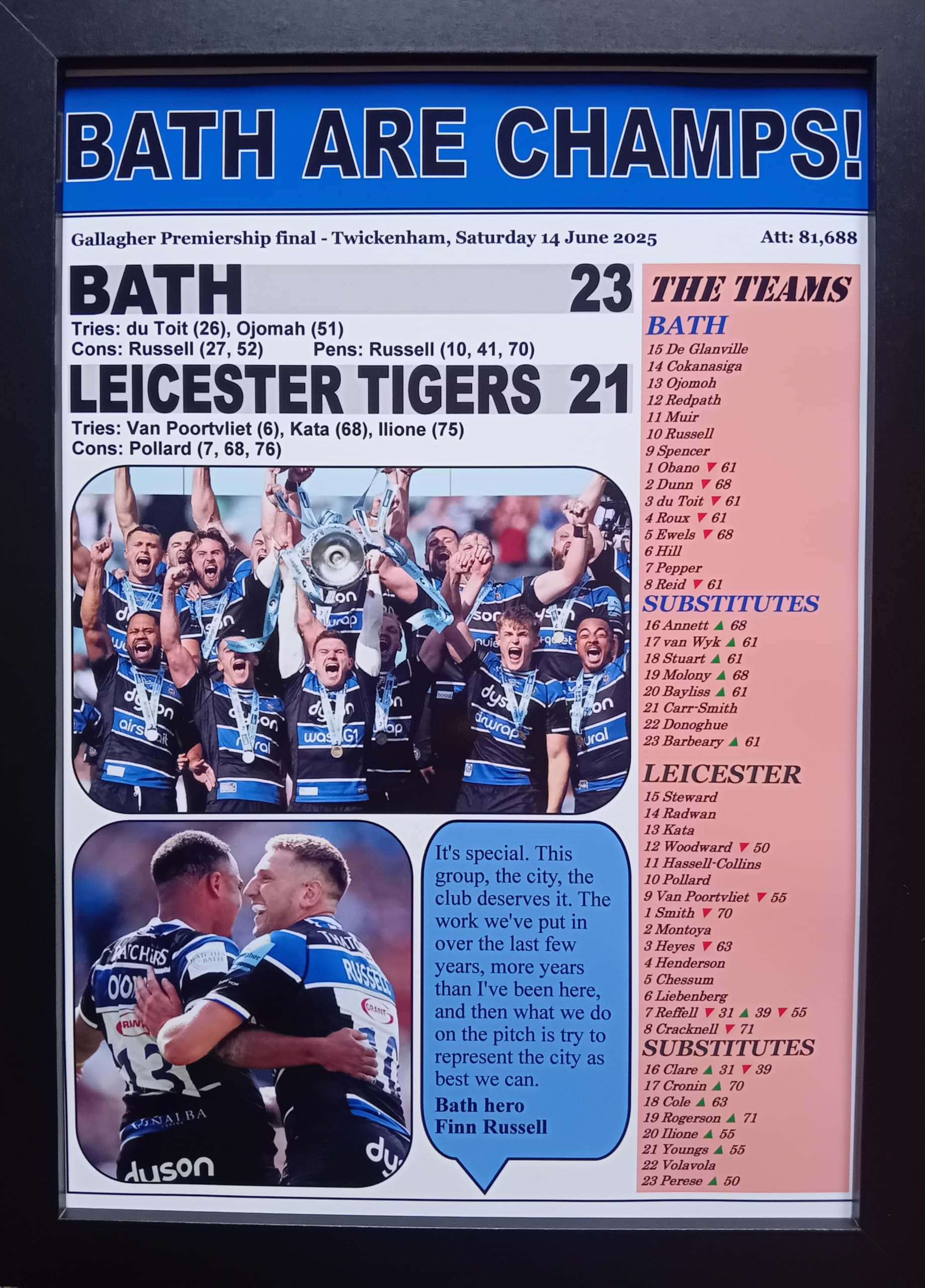 Assorted Bath 23 Leicester Tigers 21-2025 Rugby Premiership final - framed print