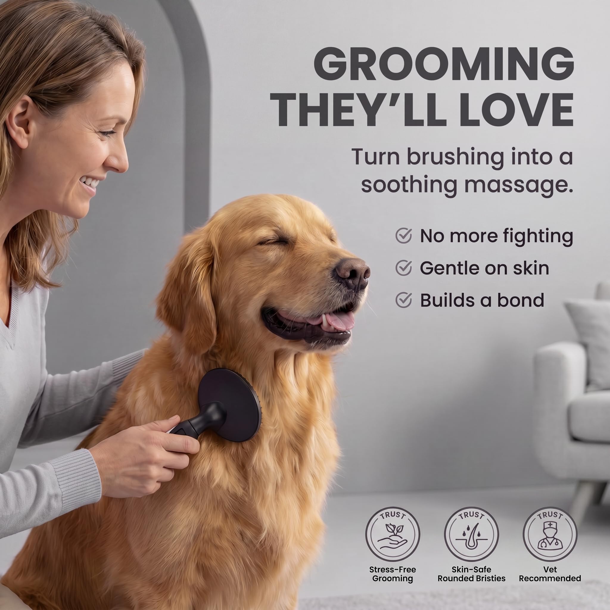 Brosse à poils ronds pour chiens et chats – Brosse douce pour le toilettage des poils courts ou longs – Outil doux pour peaux sensibles Élimine les squames, la saleté et démêle (noir)